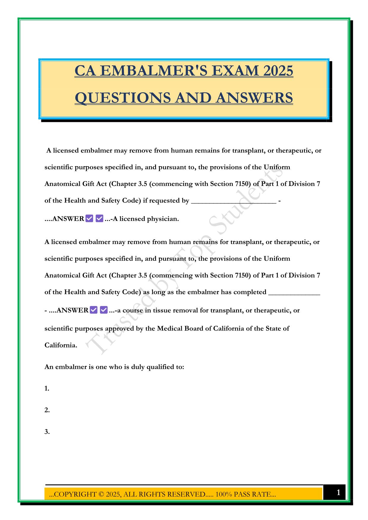 CA EMBALMER'S EXAM 2025 QUESTIONS AND ANSWERS