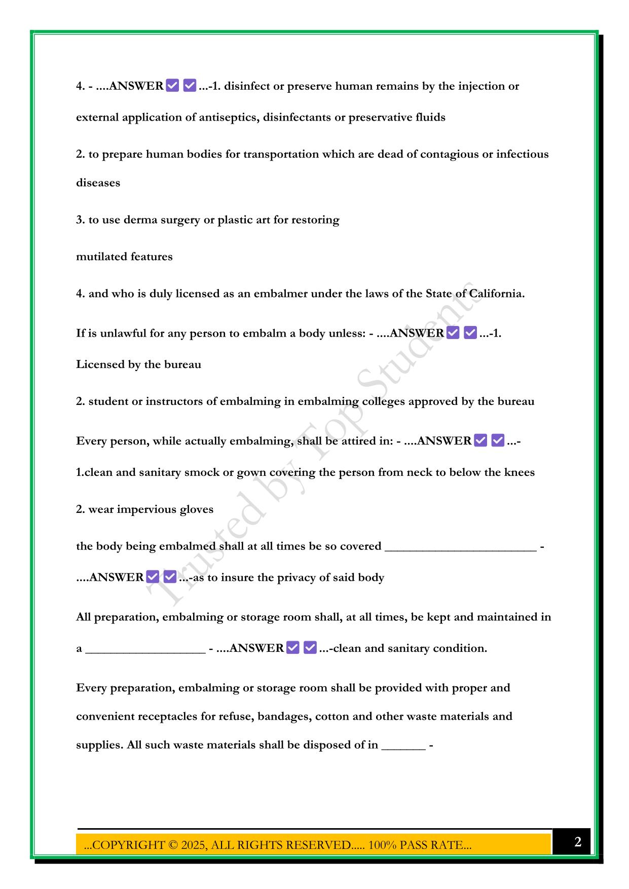 CA EMBALMER'S EXAM 2025 QUESTIONS AND ANSWERS