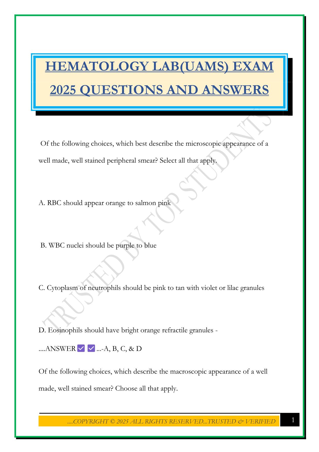 HEMATOLOGY LAB(UAMS) EXAM 2025 QUESTIONS AND ANSWERS