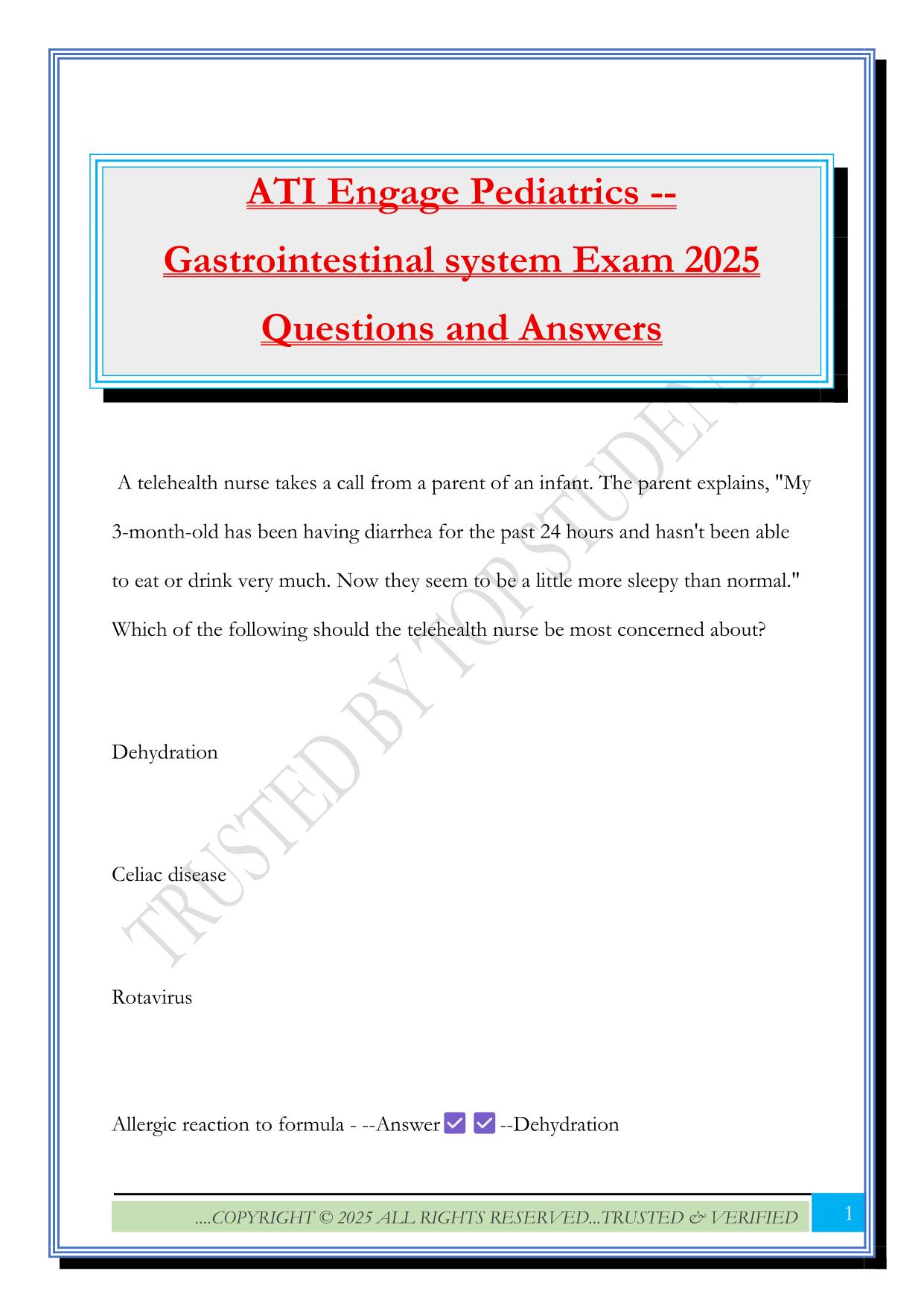 ATI Engage Pediatrics -- Gastrointestinal system Exam 2025 Questions and Answers