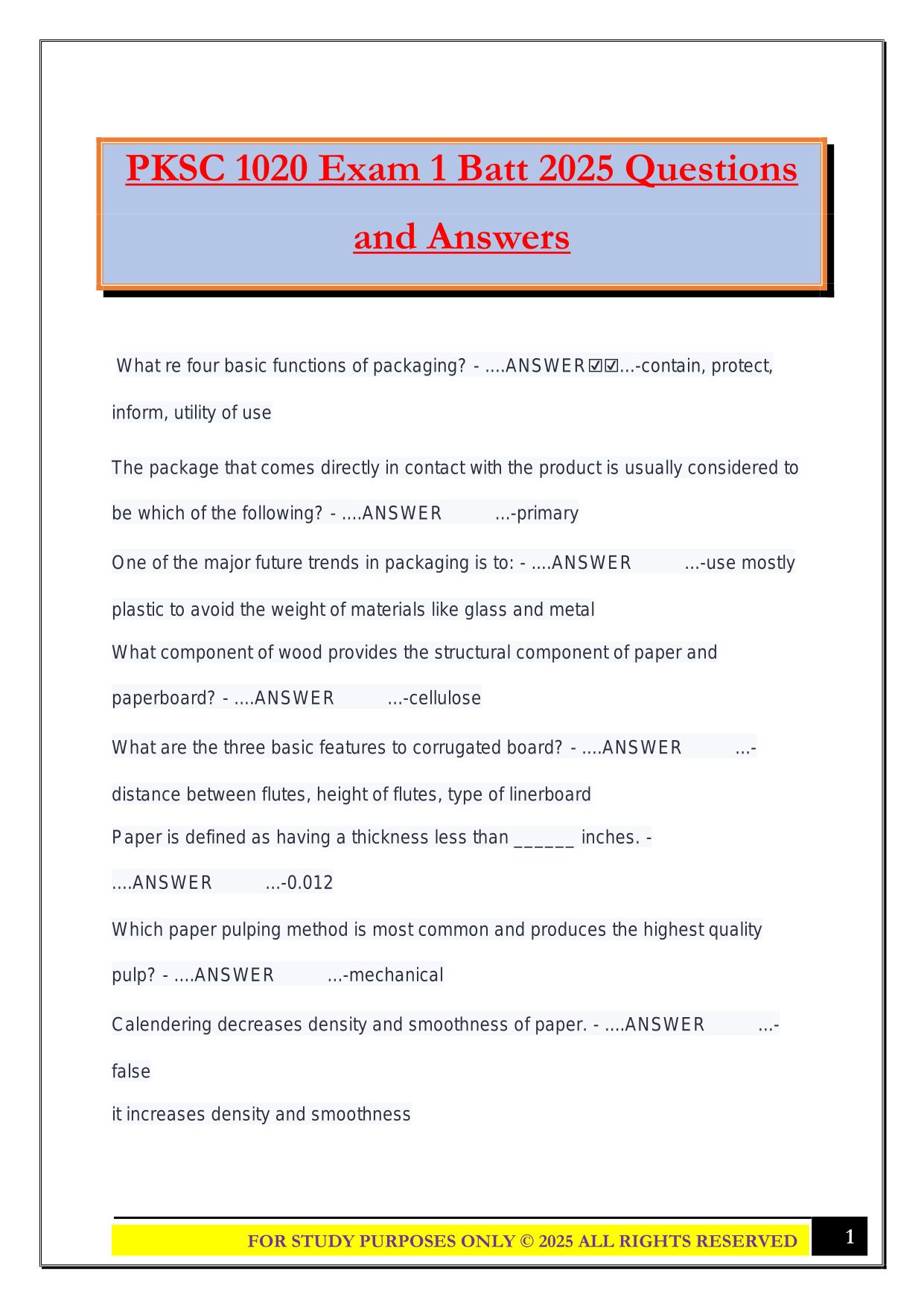 PKSC 1020 Exam 1 Batt 2025 Questions and Answers