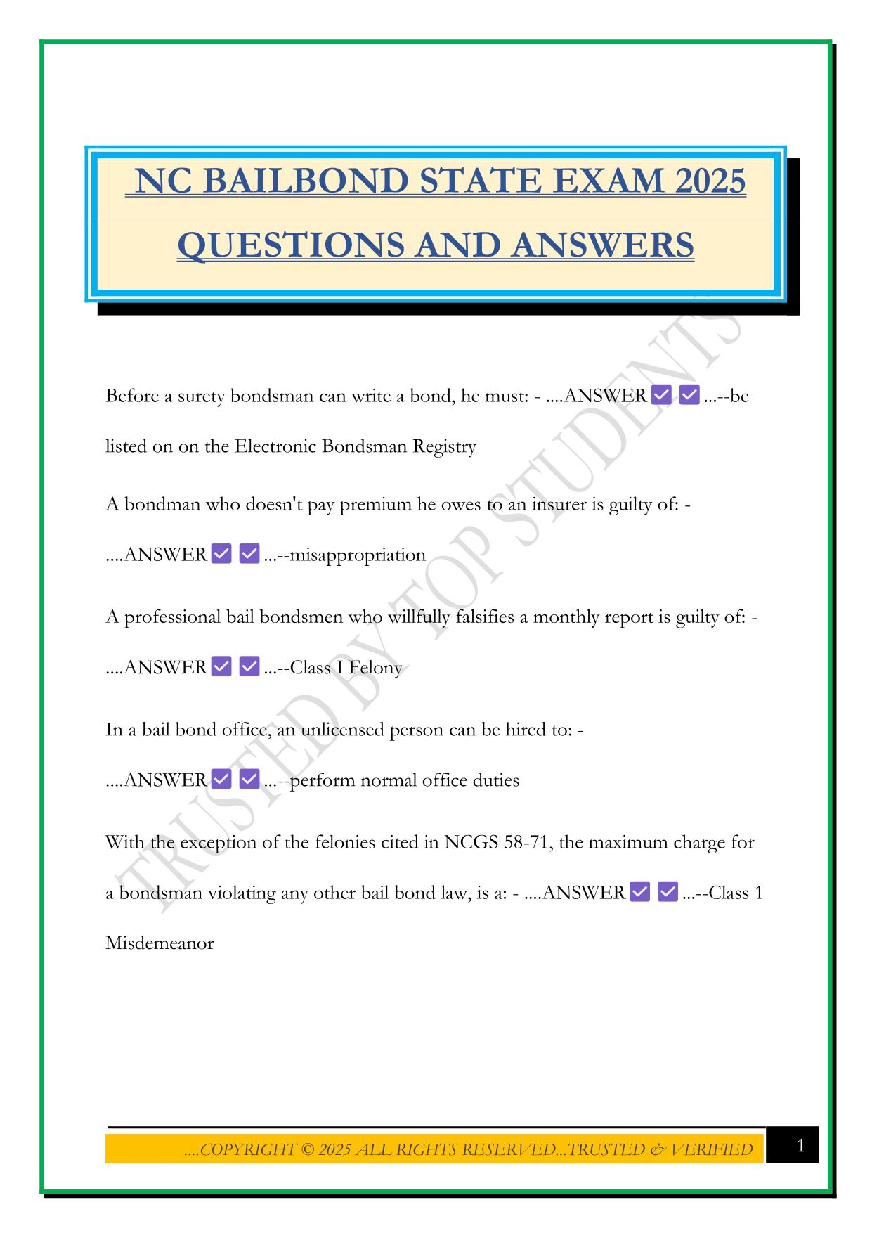 NC BAILBOND STATE EXAM 2025 QUESTIONS AND ANSWERS