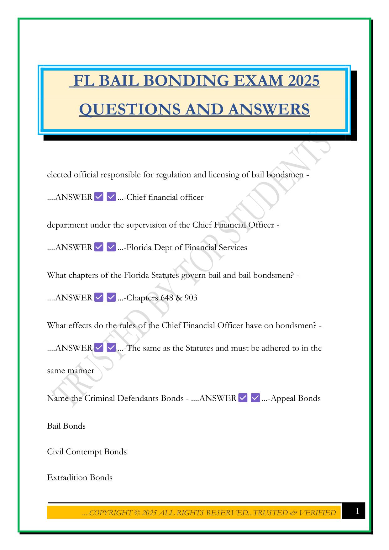 FL BAIL BONDING EXAM 2025 QUESTIONS AND ANSWERS