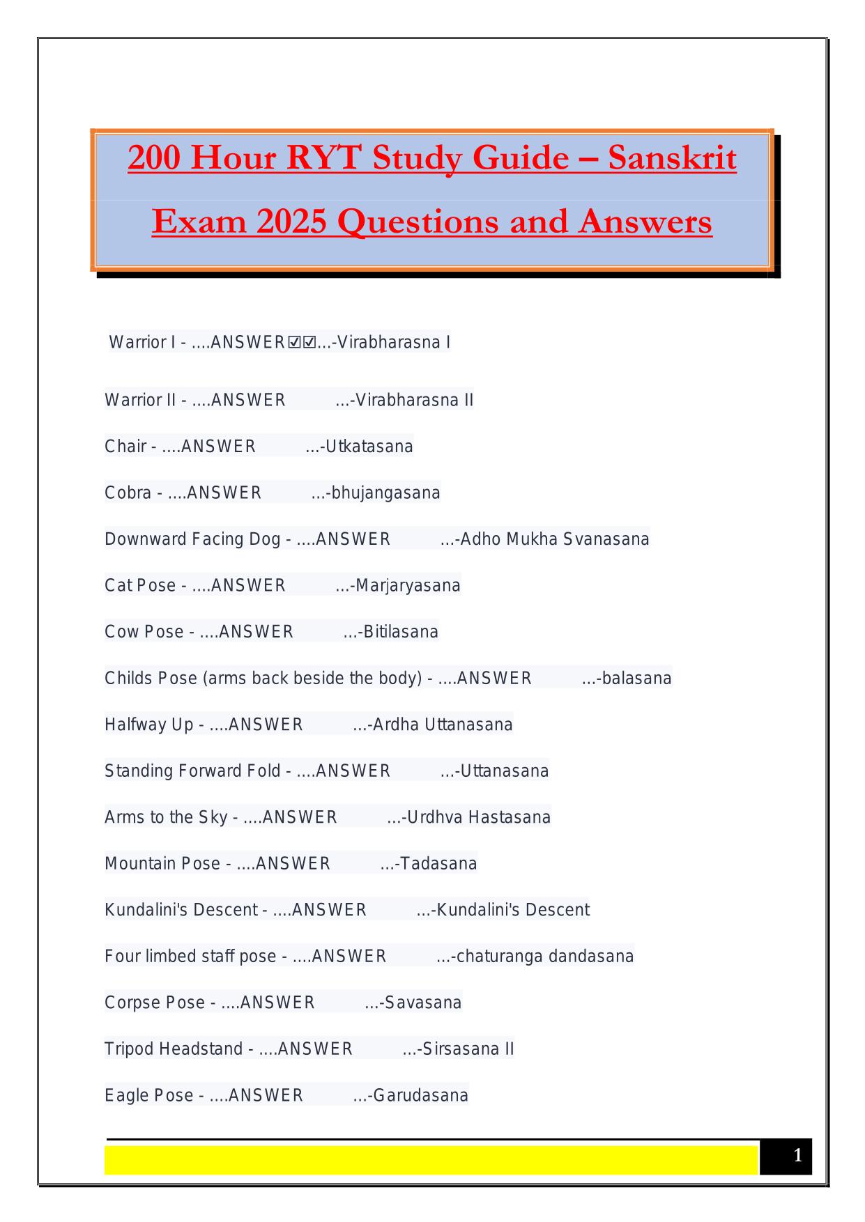 200 Hour RYT Study Guide – Sanskrit Exam 2025 Questions and Answers