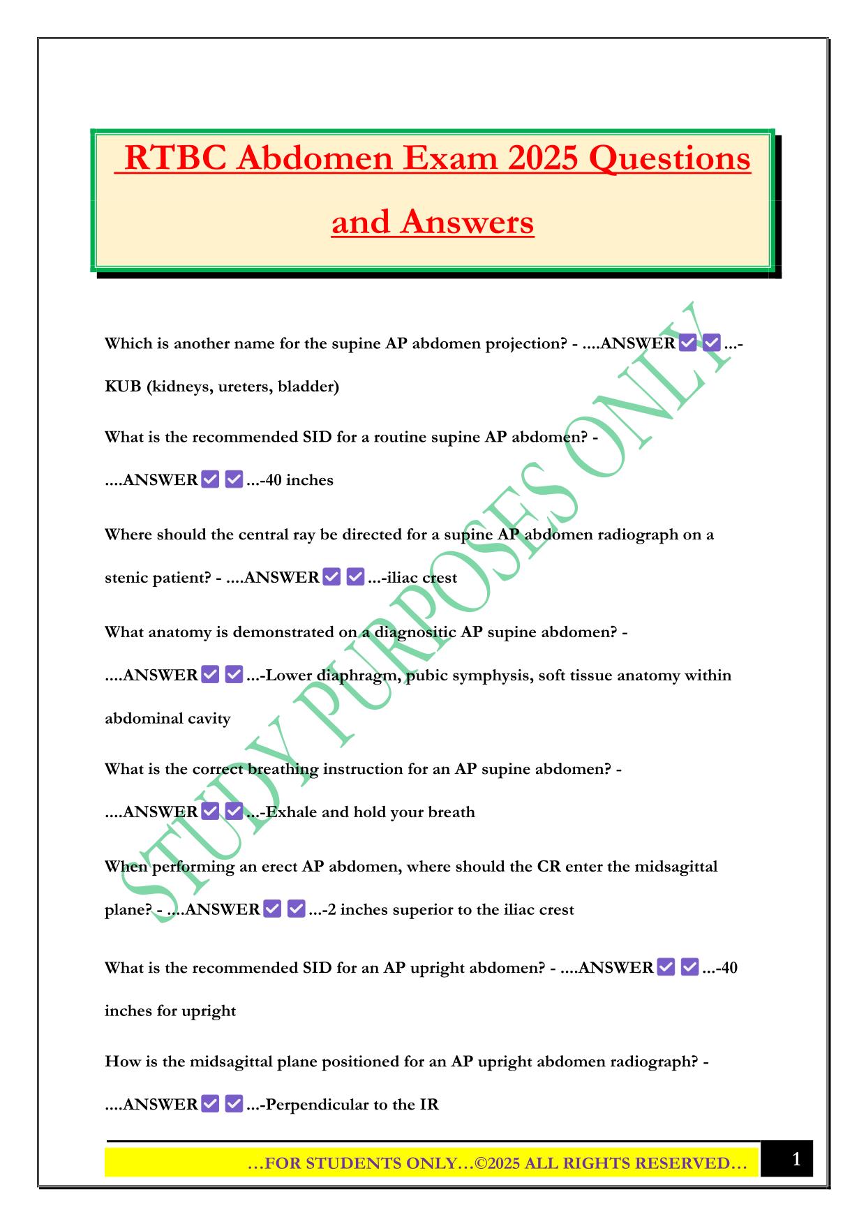 RTBC Abdomen Exam 2025 Questions and Answers