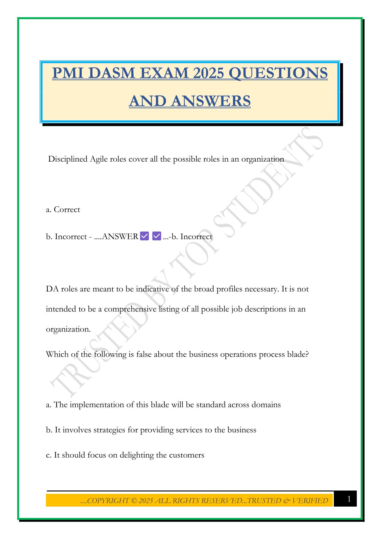 PMI DASM EXAM 2025 QUESTIONS AND ANSWERS