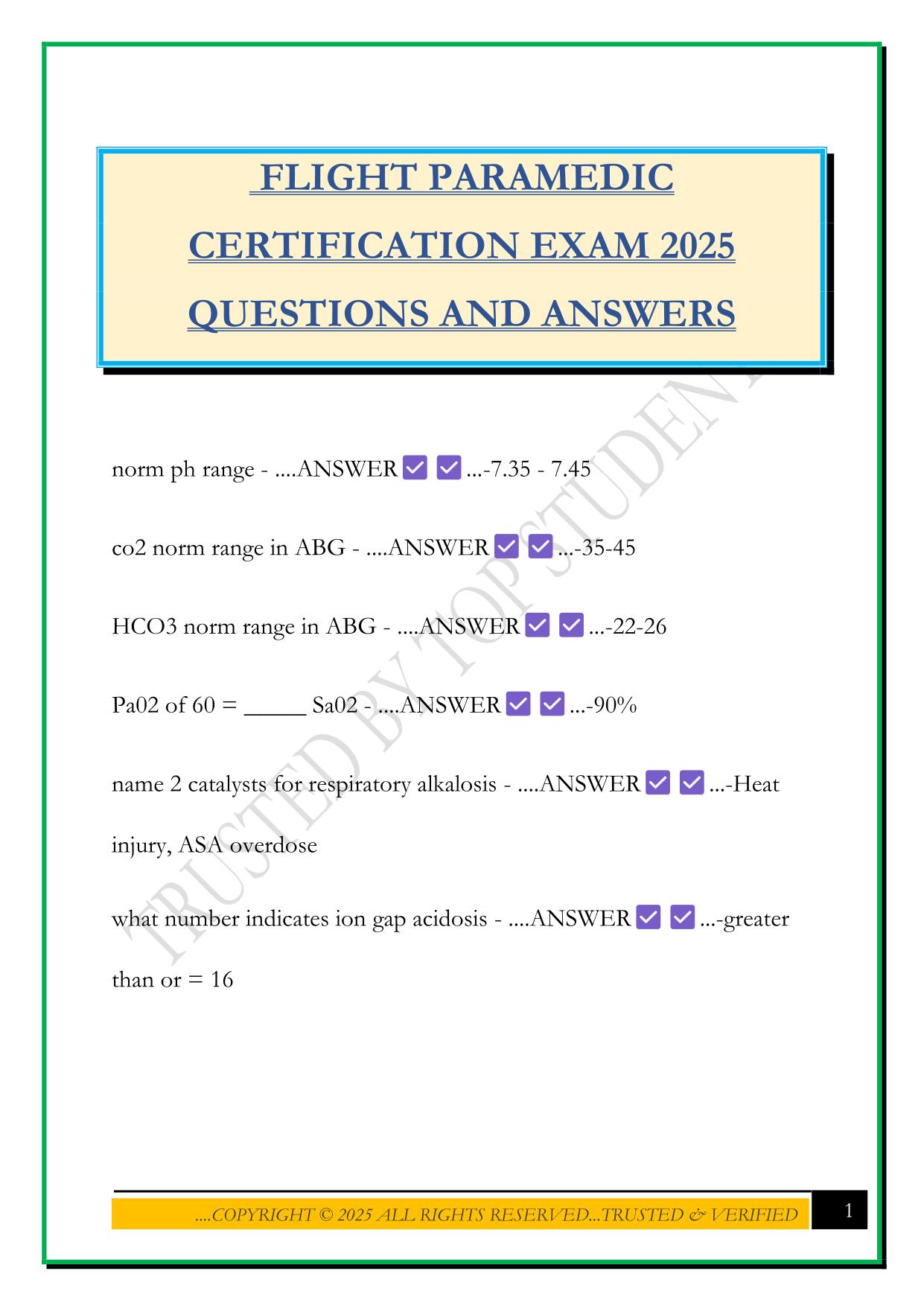 FLIGHT PARAMEDIC CERTIFICATION EXAM 2025 QUESTIONS AND ANSWERS