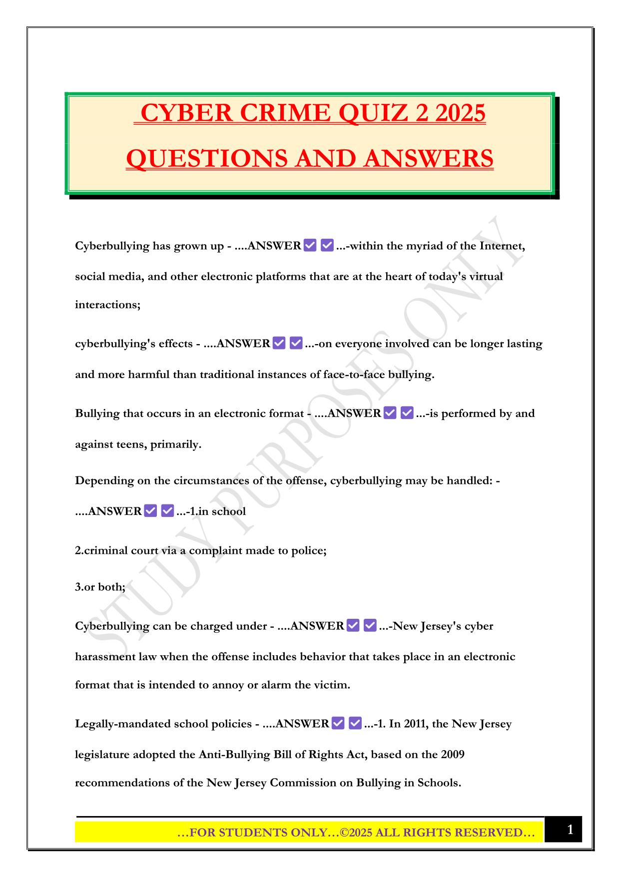 CYBER CRIME QUIZ 2 2025 QUESTIONS AND ANSWERS