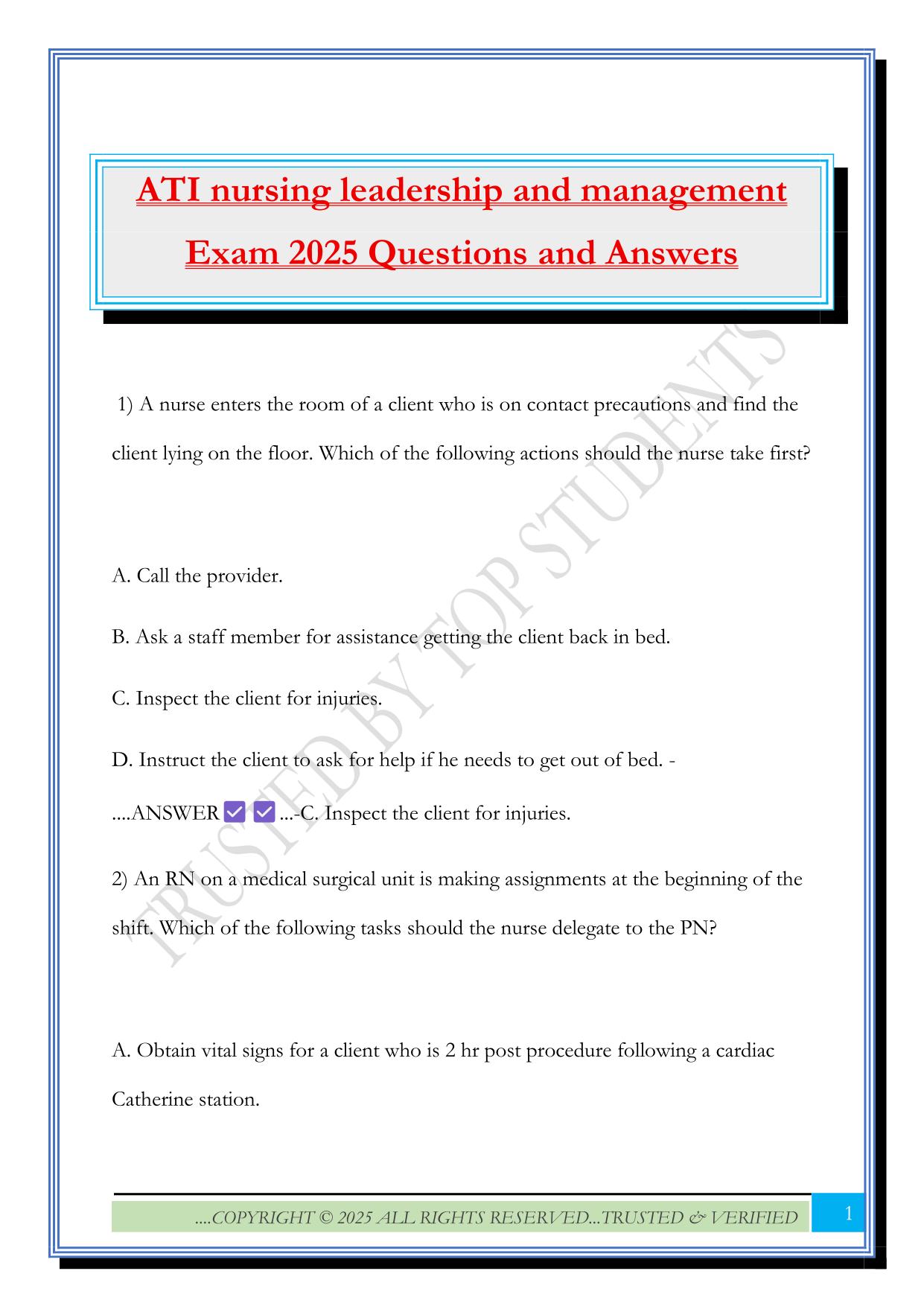 ATI nursing leadership and management Exam 2025 Questions and Answers