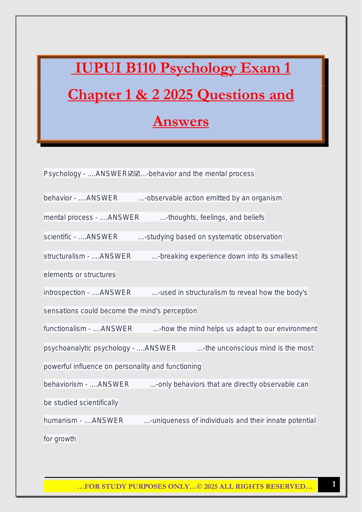 IUPUI B110 Psychology Exam 1 Chapter 1 & 2 2025 Questions and Answers