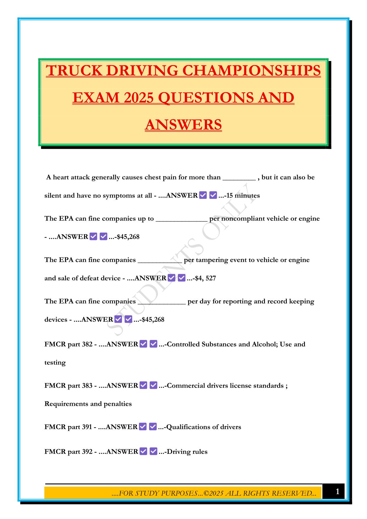 TRUCK DRIVING CHAMPIONSHIPS EXAM 2025 QUESTIONS AND ANSWERS
