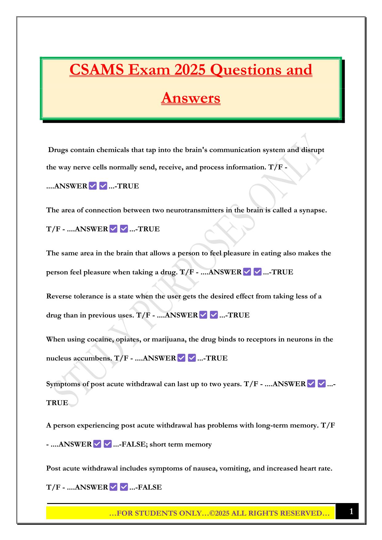 CSAMS Exam 2025 Questions and Answers