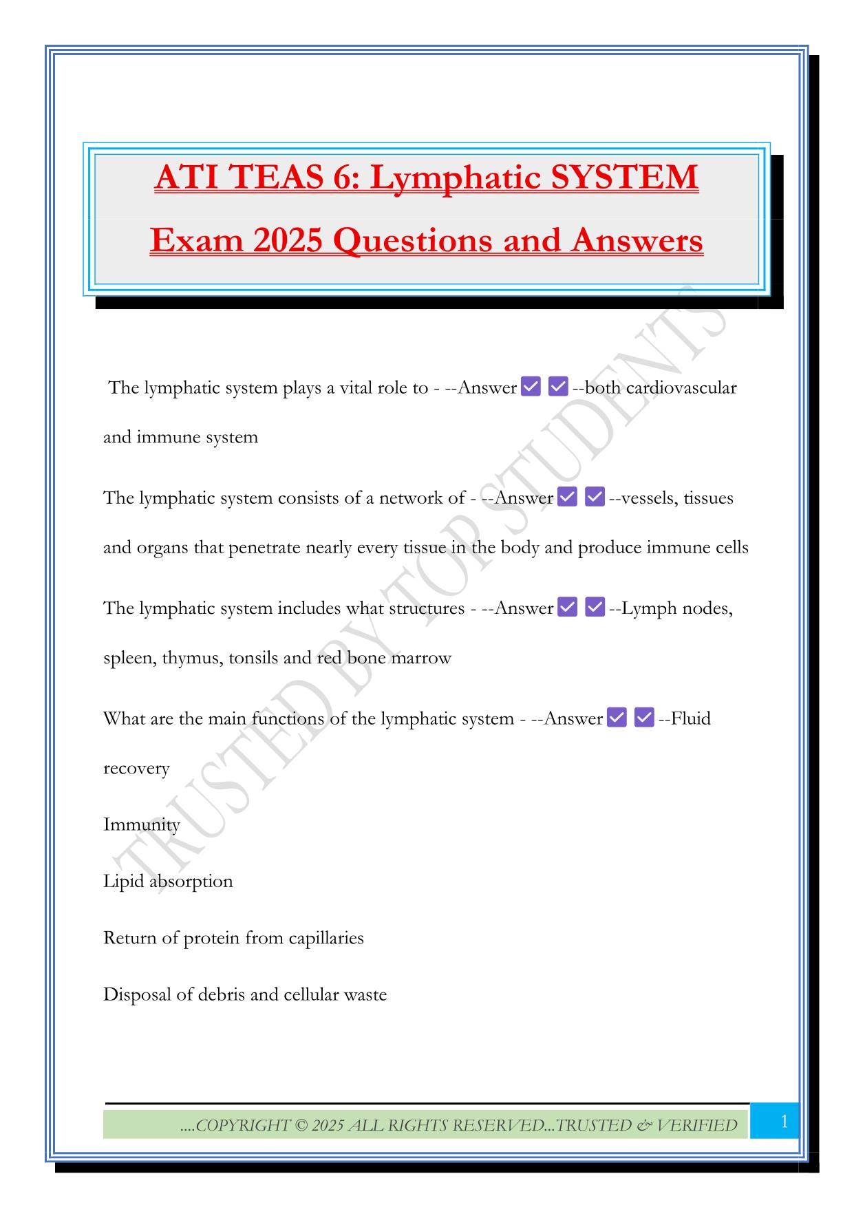 ATI TEAS 6: Lymphatic SYSTEM Exam 2025 Questions and Answers