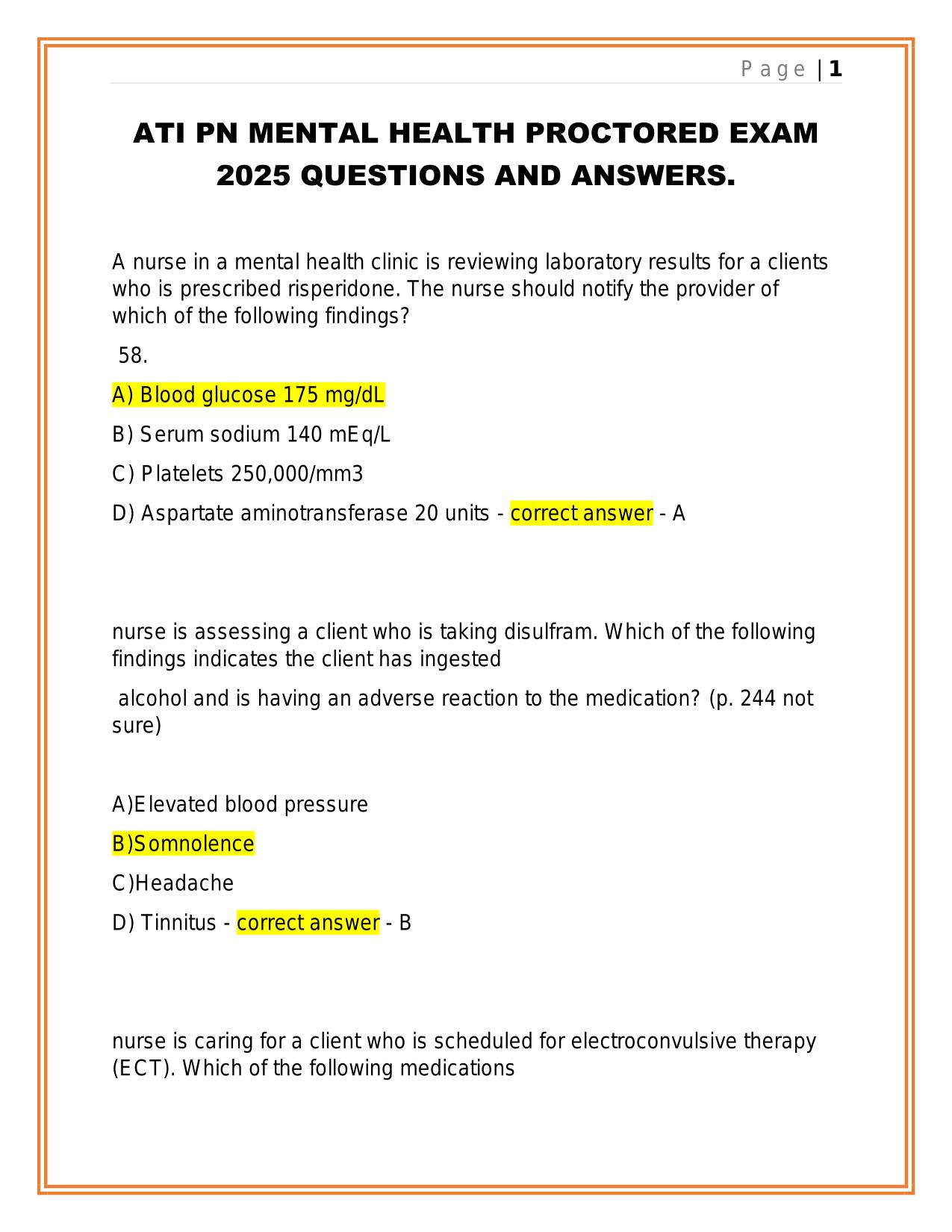 ATI PN MENTAL HEALTH PROCTORED EXAM 2025 QUESTIONS AND ANSWERS.