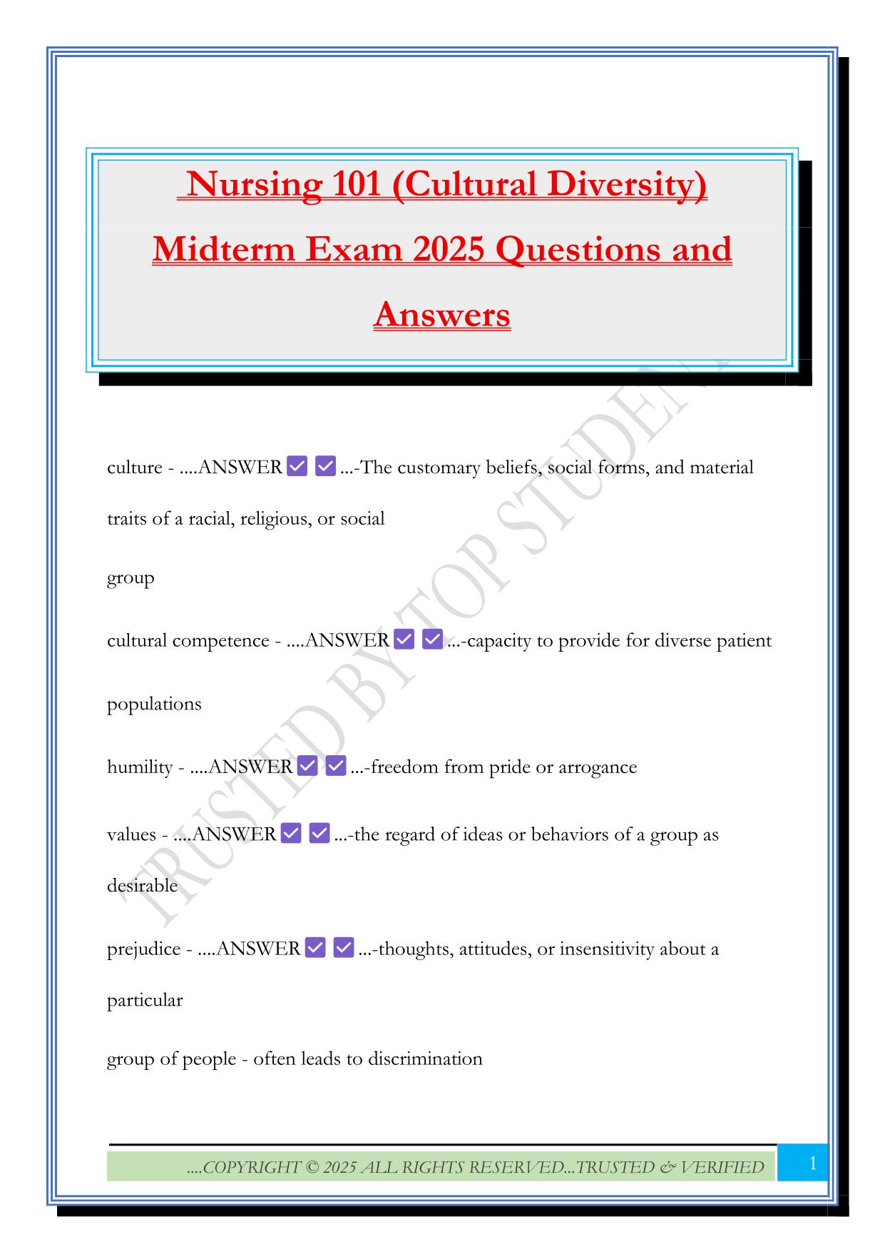 Nursing 101 (Cultural Diversity) Midterm Exam 2025 Questions and Answers