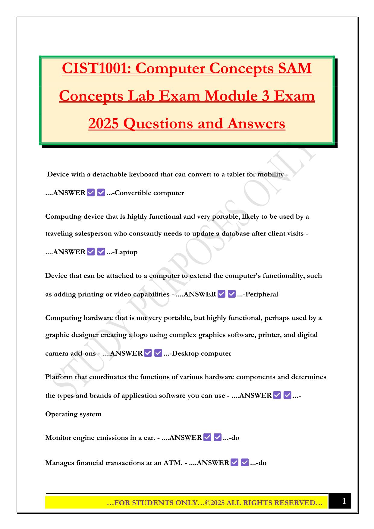 CIST1001: Computer Concepts SAM Concepts Lab Exam Module 3 Exam 2025 Questions and Answers