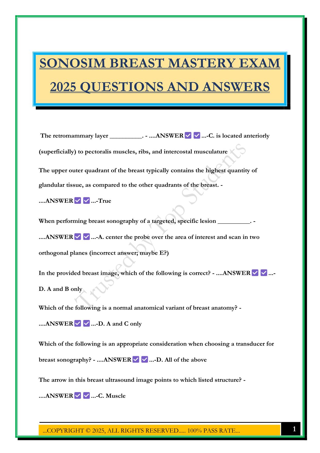 SONOSIM BREAST MASTERY EXAM 2025 QUESTIONS AND ANSWERS