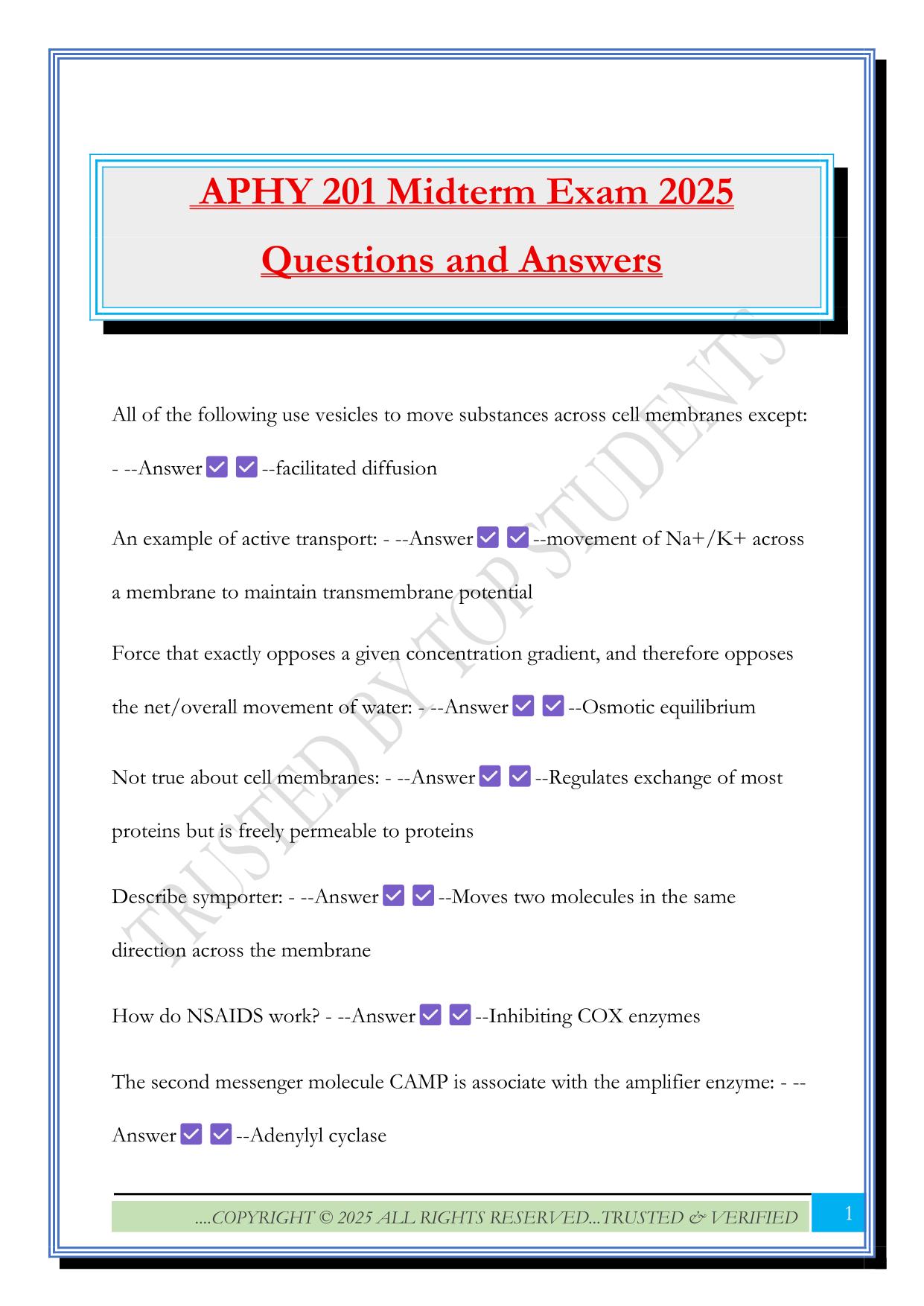 APHY 201 Midterm Exam 2025 Questions and Answers