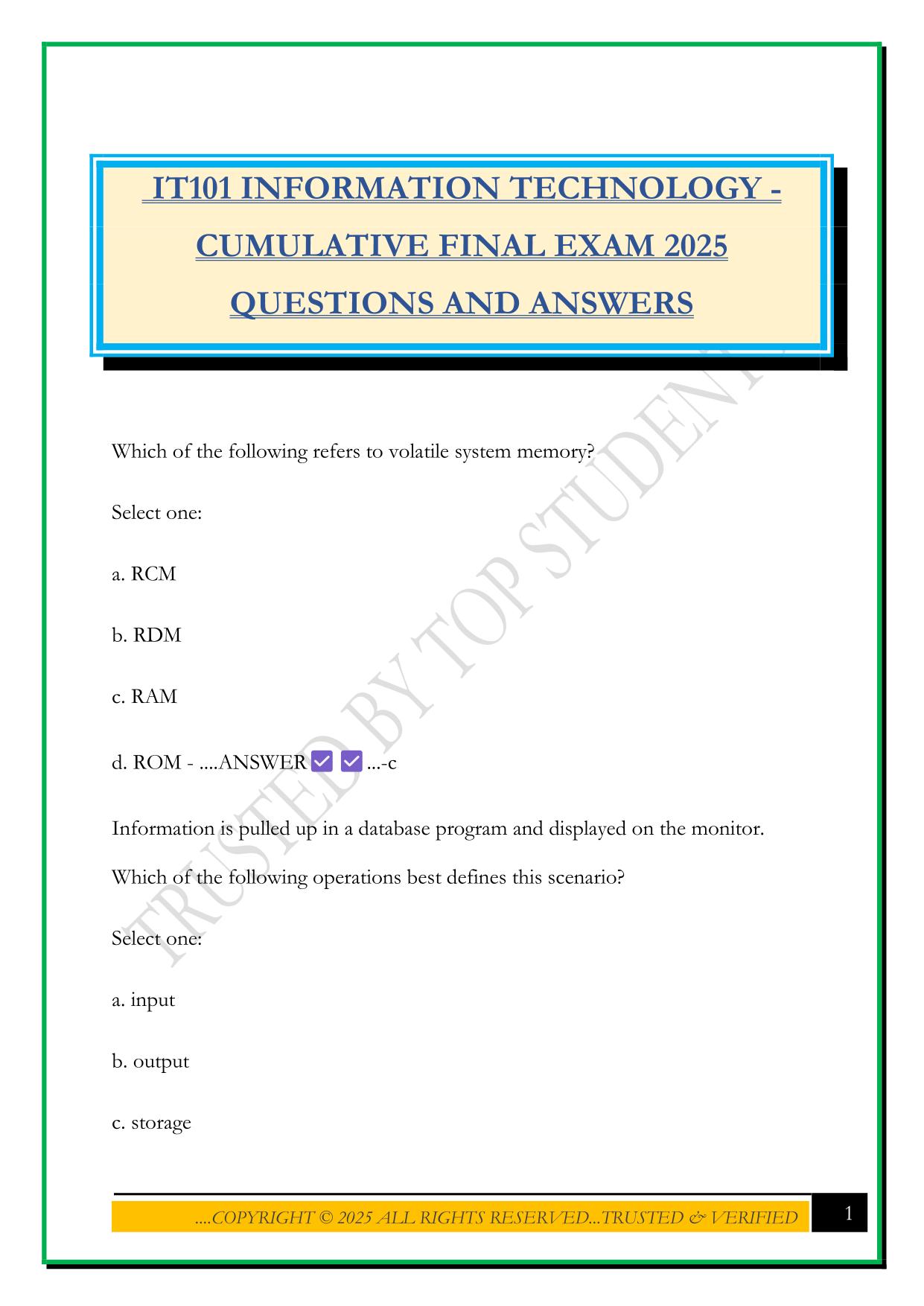 IT101 INFORMATION TECHNOLOGY - CUMULATIVE FINAL EXAM 2025 QUESTIONS AND ANSWERS