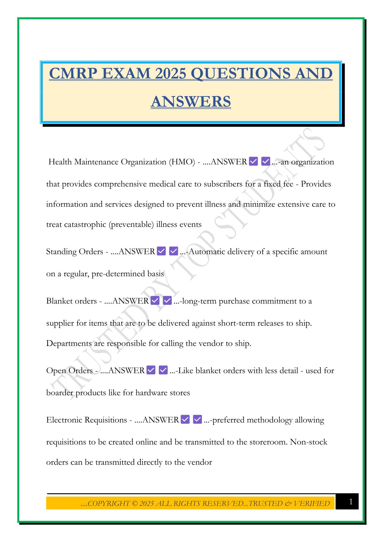 CMRP EXAM 2025 QUESTIONS AND ANSWERS