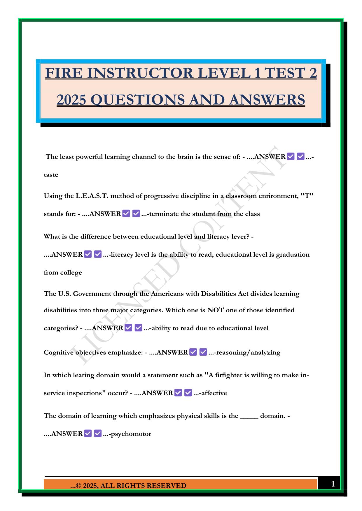 FIRE INSTRUCTOR LEVEL 1 TEST 2 2025 QUESTIONS AND ANSWERS