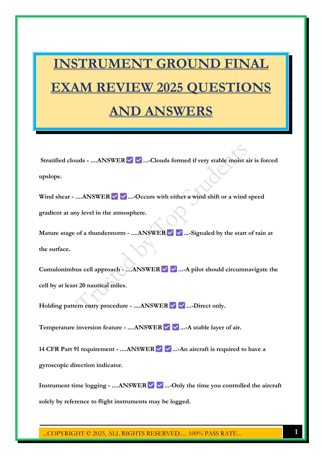 Private Pilot Ground School Bundled Exams Questions and Answers 100% Pass