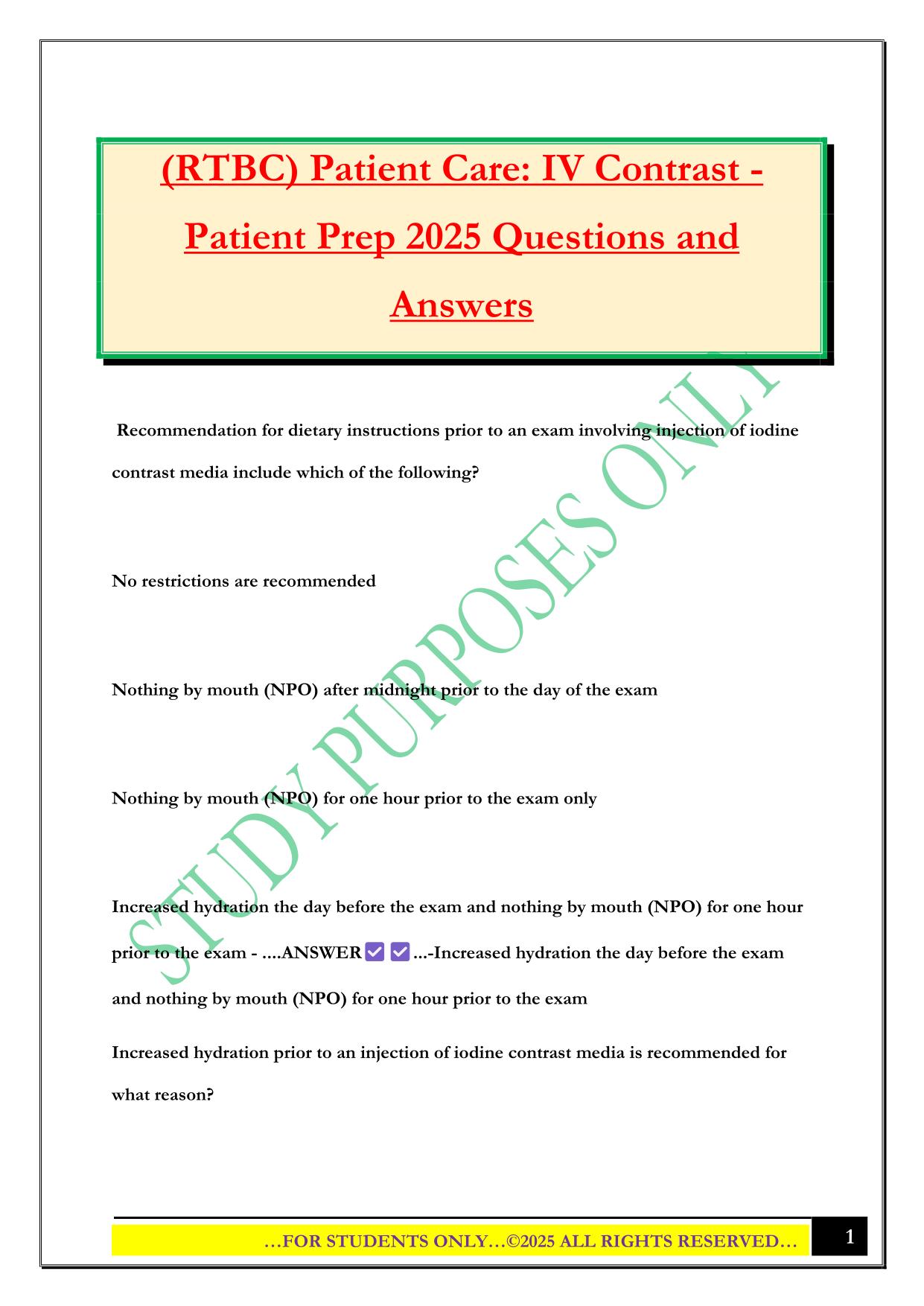 (RTBC) Patient Care: IV Contrast - Patient Prep 2025 Questions and Answers