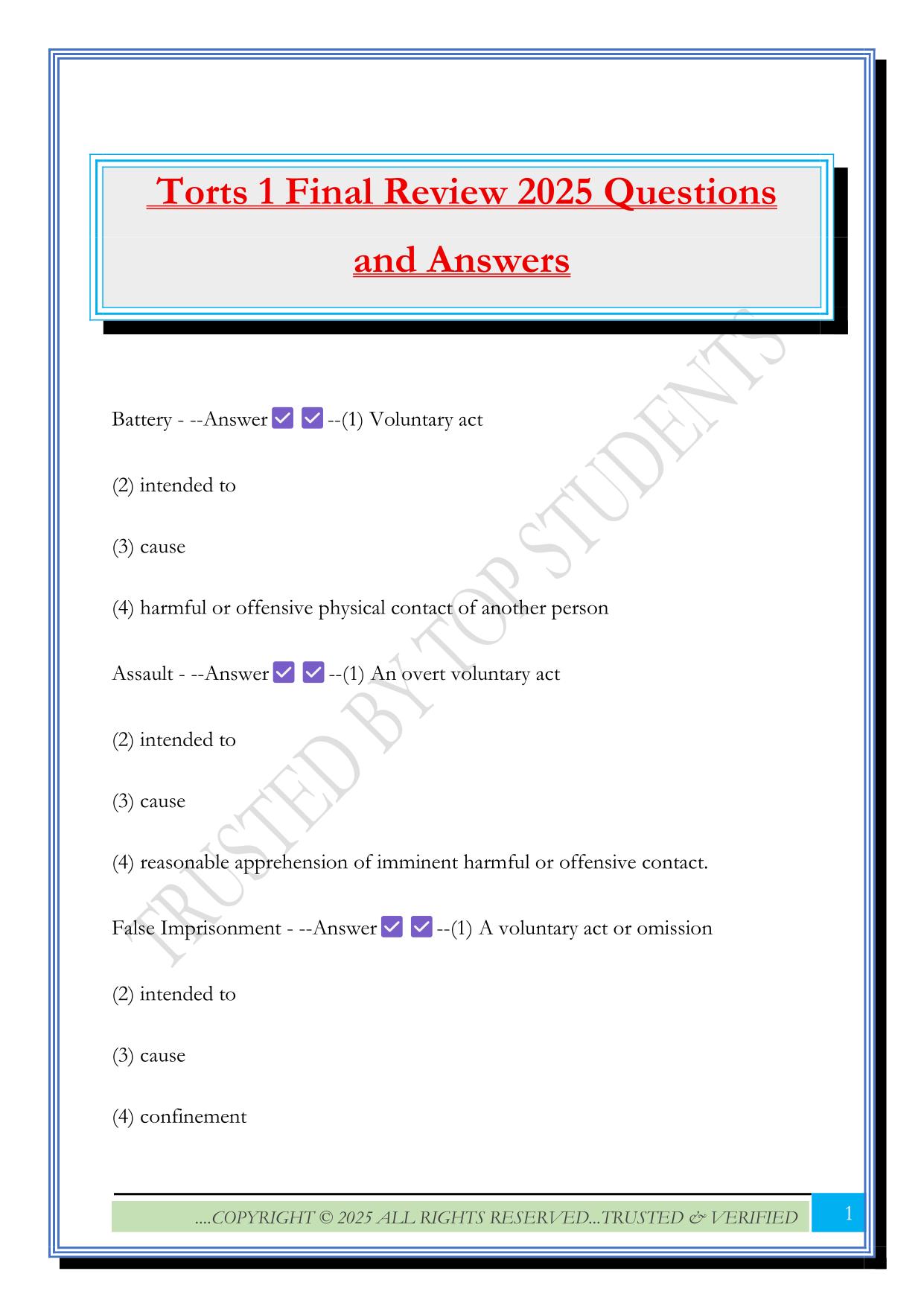 Torts 1 Final Review 2025 Questions and Answers