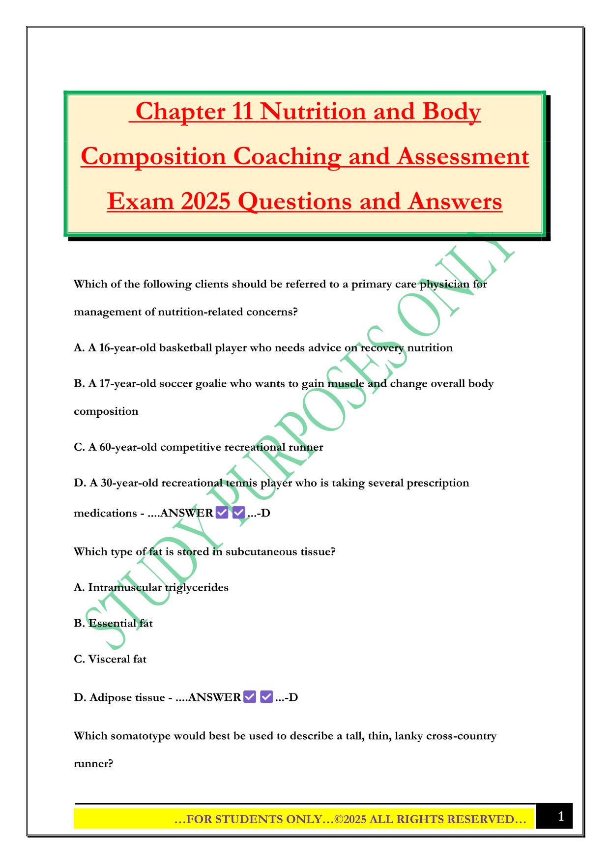 Chapter 11 Nutrition and Body Composition Coaching and Assessment Exam 2025 Questions and Answers