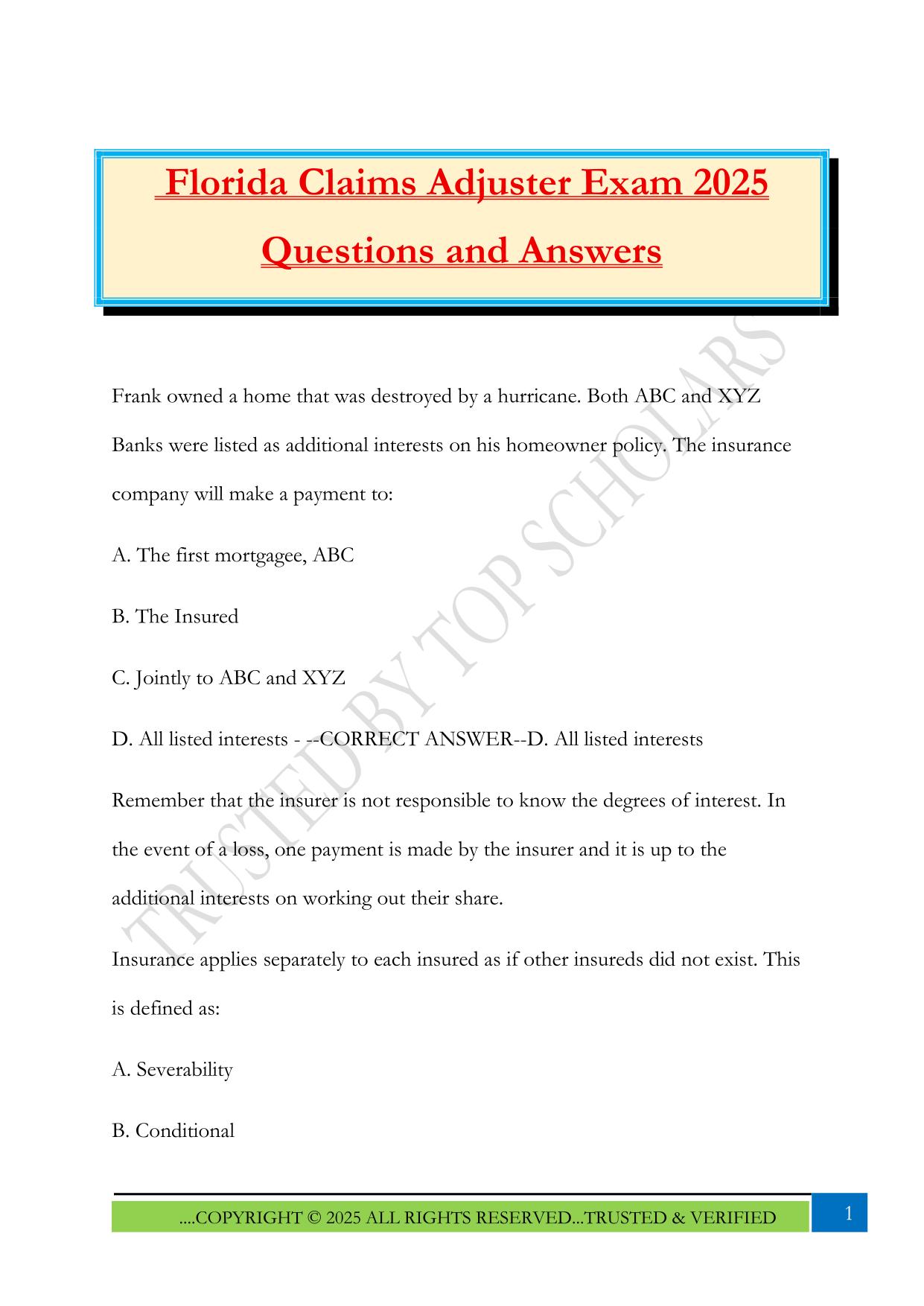 Florida Claims Adjuster Exam 2025 Questions and Answers