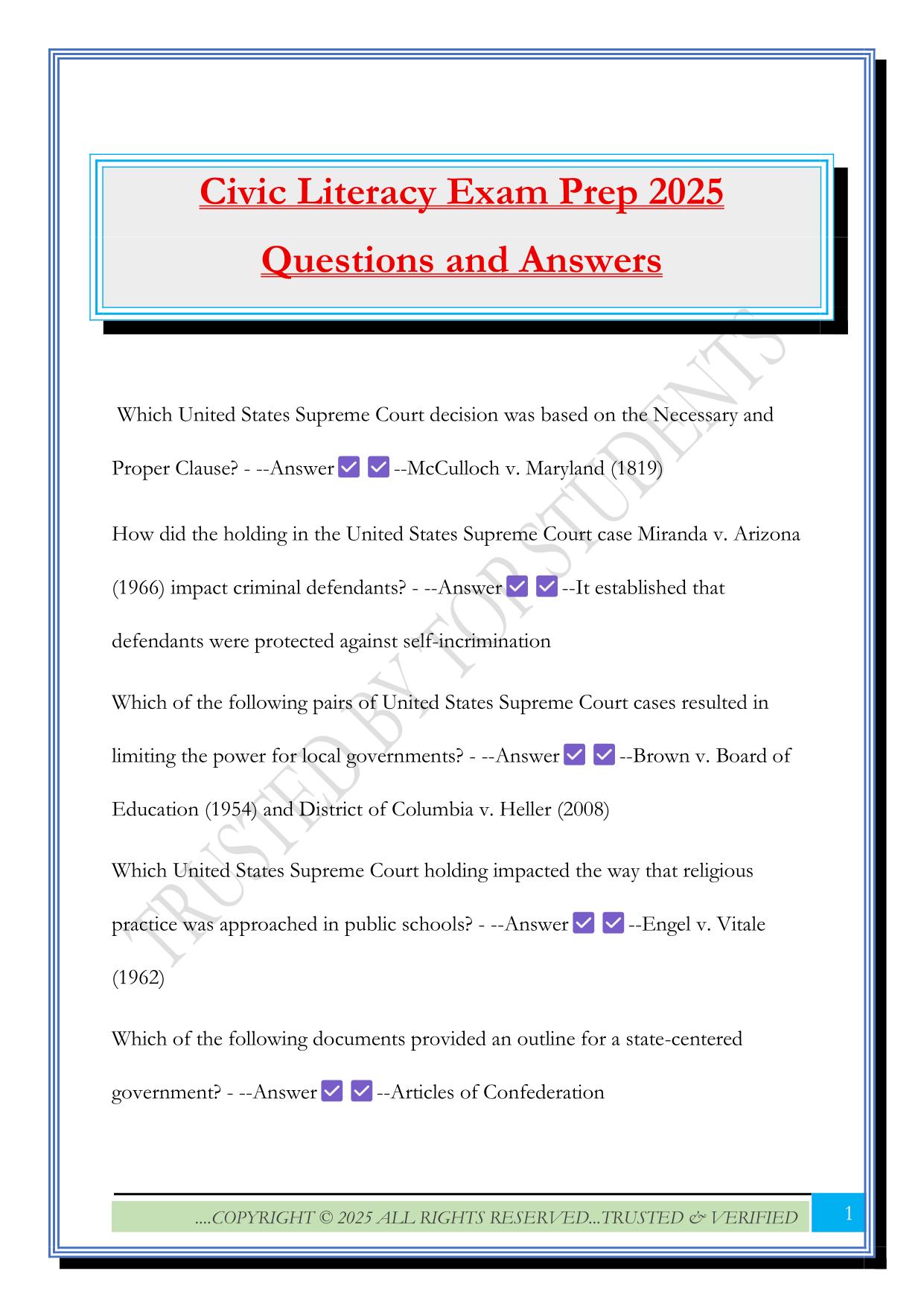 Civic Literacy Exam Prep 2025 Questions and Answers