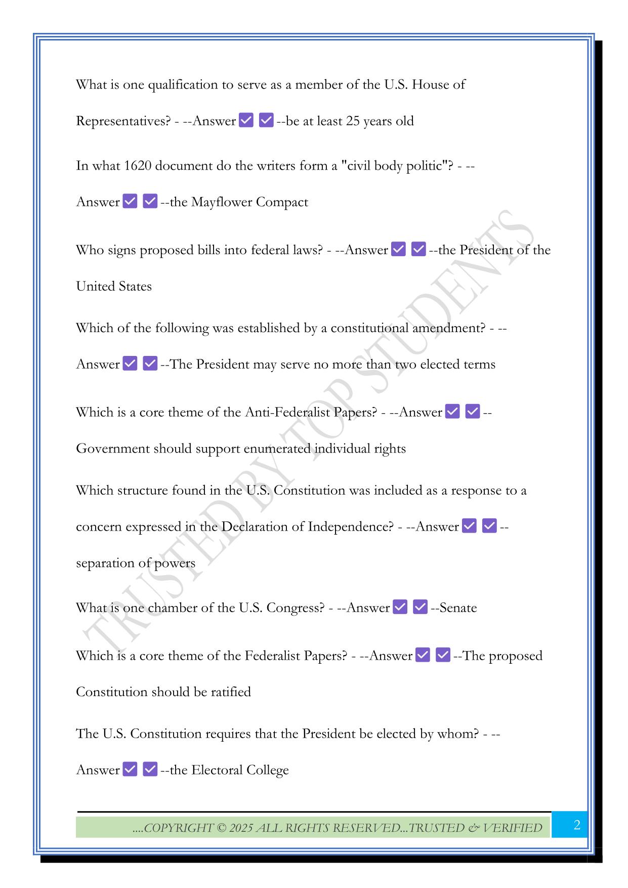 Civic Literacy Exam Prep 2025 Questions and Answers