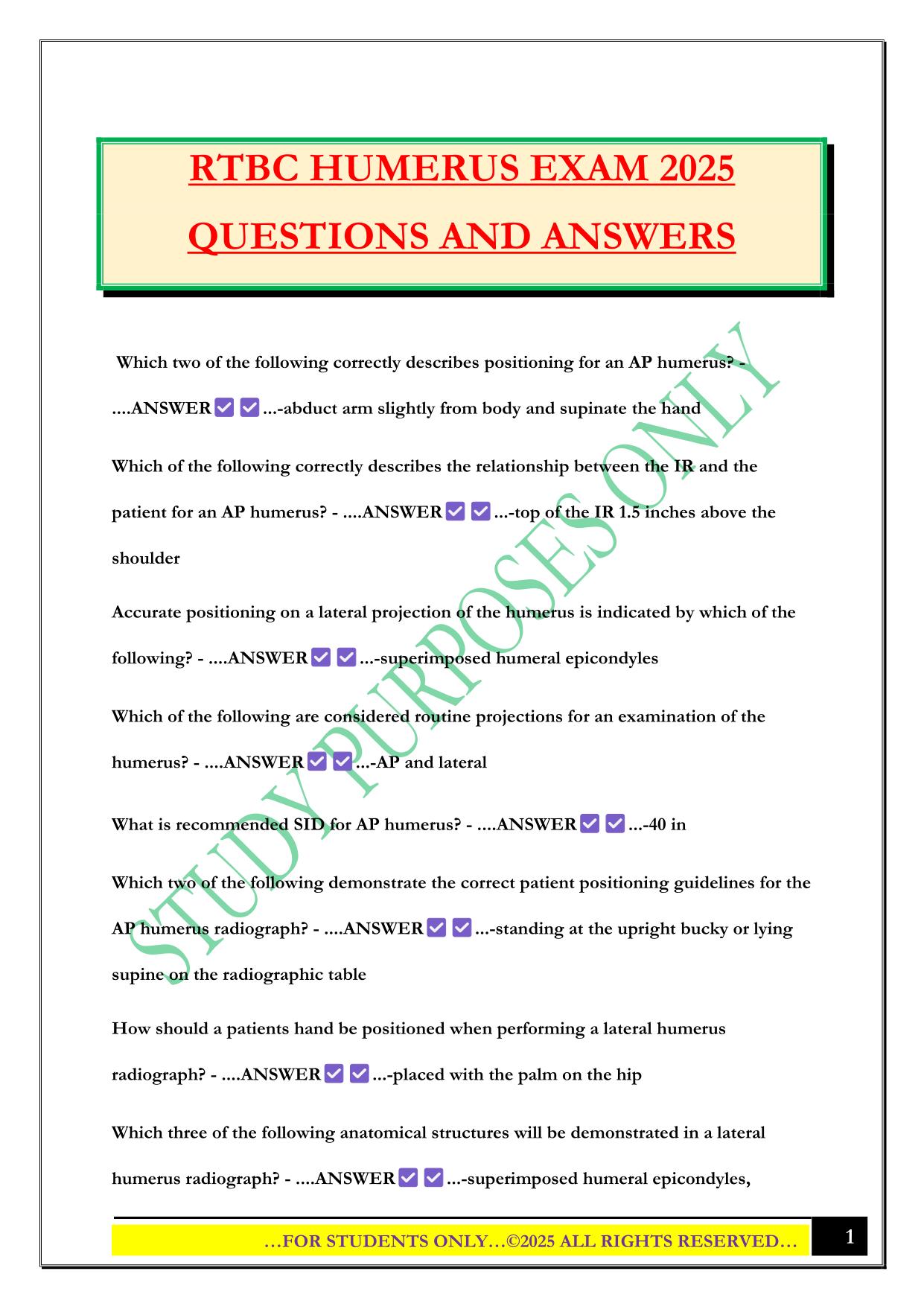 RTBC HUMERUS EXAM 2025 QUESTIONS AND ANSWERS