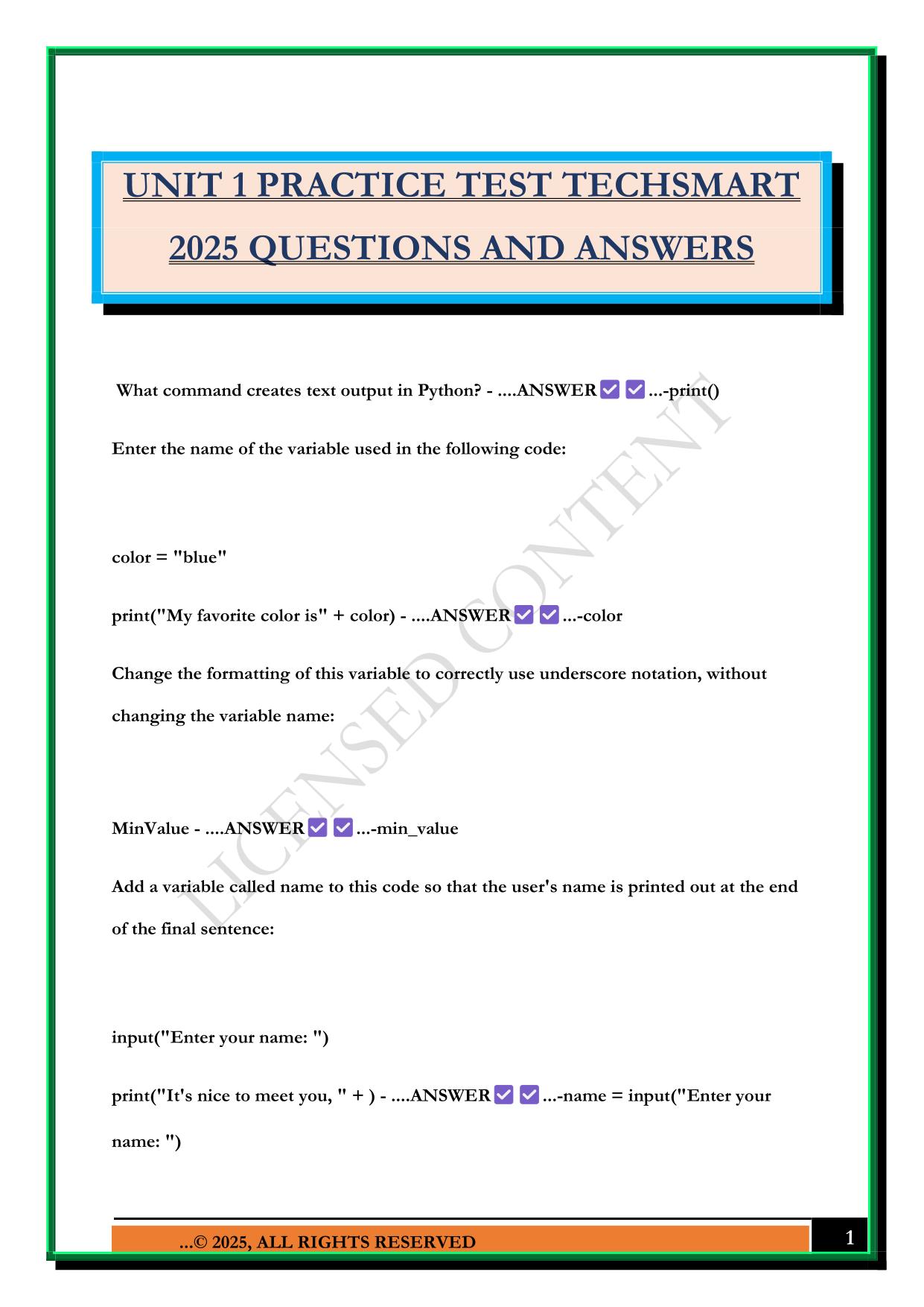 UNIT 1 PRACTICE TEST TECHSMART 2025 QUESTIONS AND ANSWERS