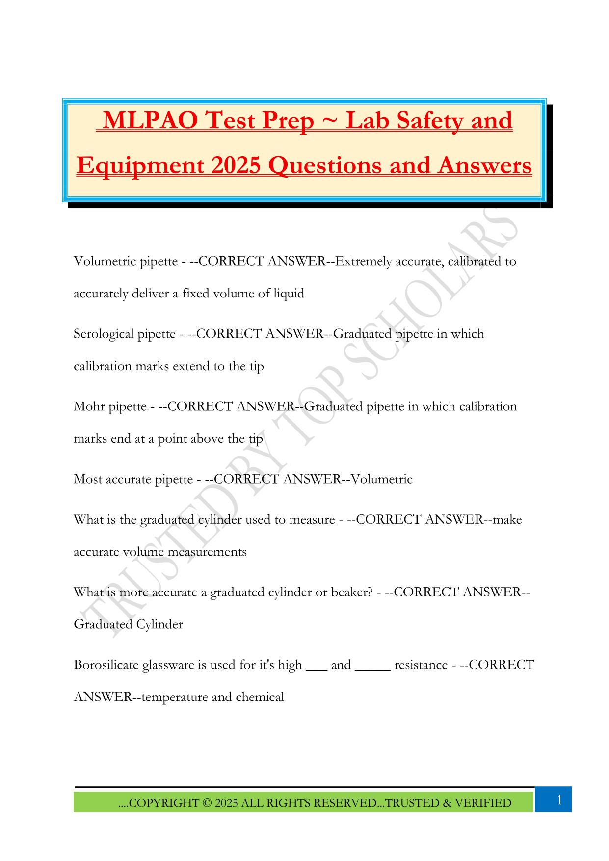 MLPAO Test Prep ~ Lab Safety and Equipment 2025 Questions and Answers