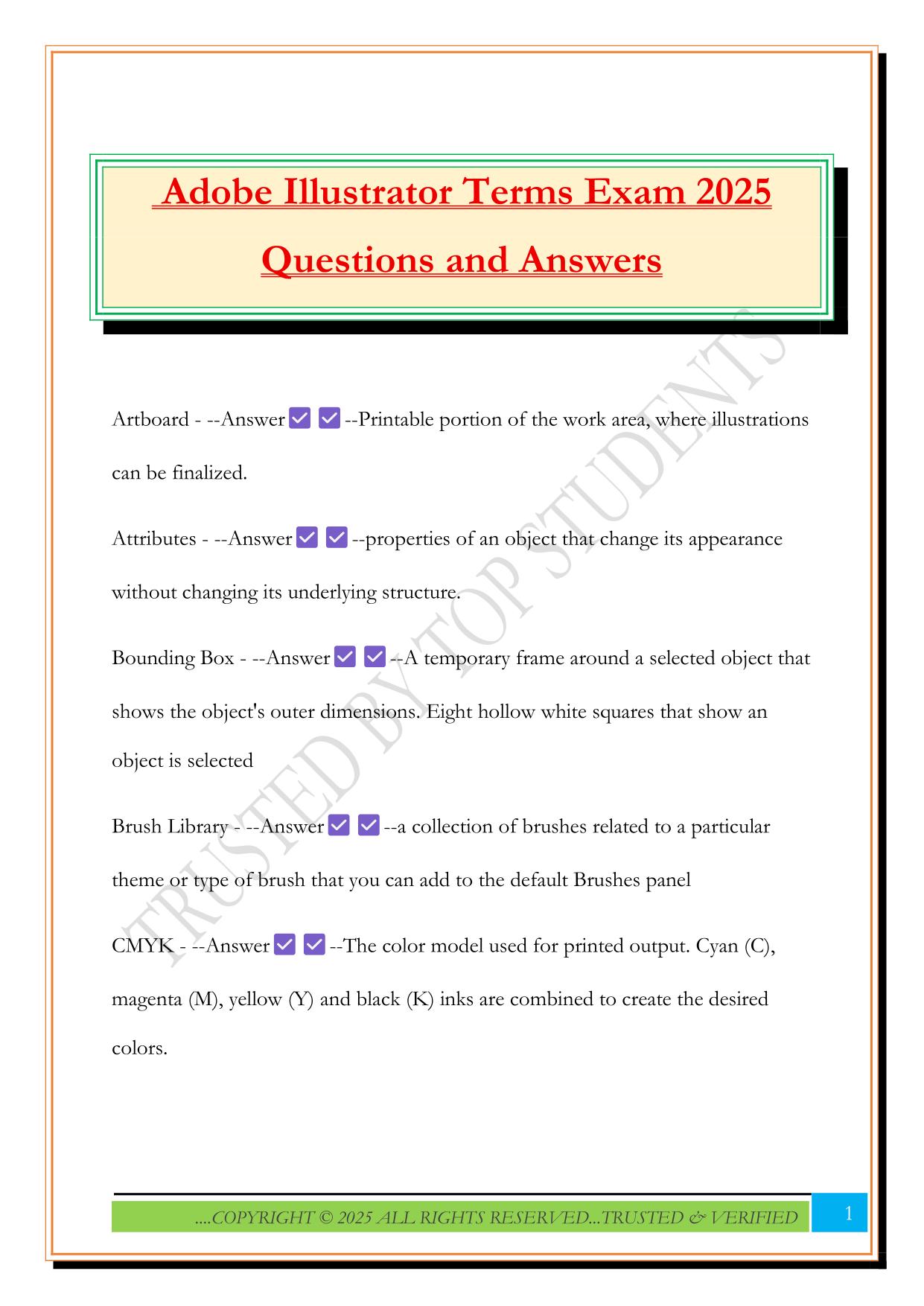 Adobe Illustrator Terms Exam 2025 Questions and Answers