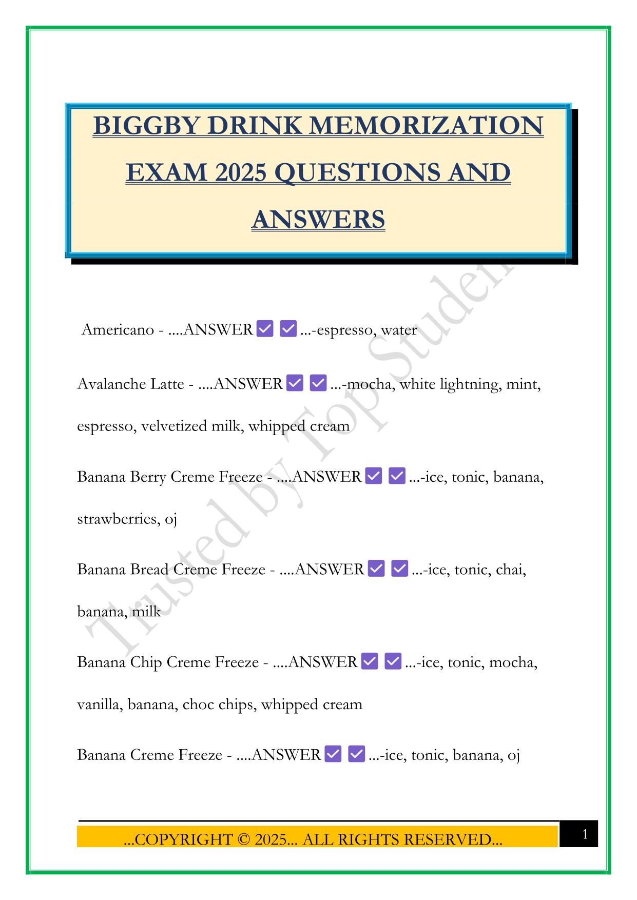 BIGGBY DRINK MEMORIZATION EXAM 2025 QUESTIONS AND ANSWERS