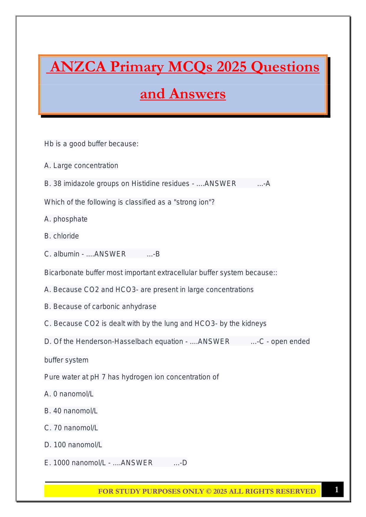 ANZCA Primary MCQs 2025 Questions and Answers