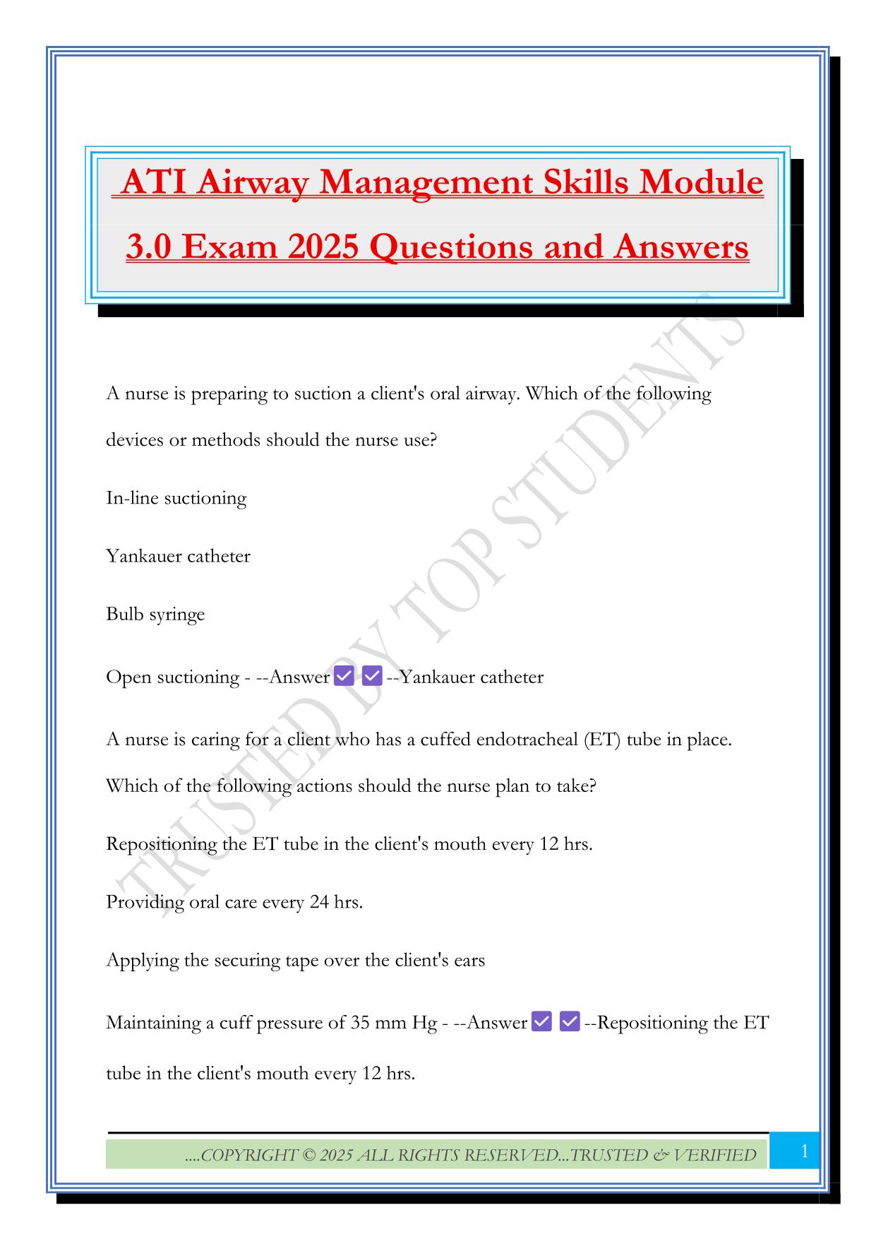 ATI Airway Management Skills Module 3.0 Exam 2025 Questions and Answers