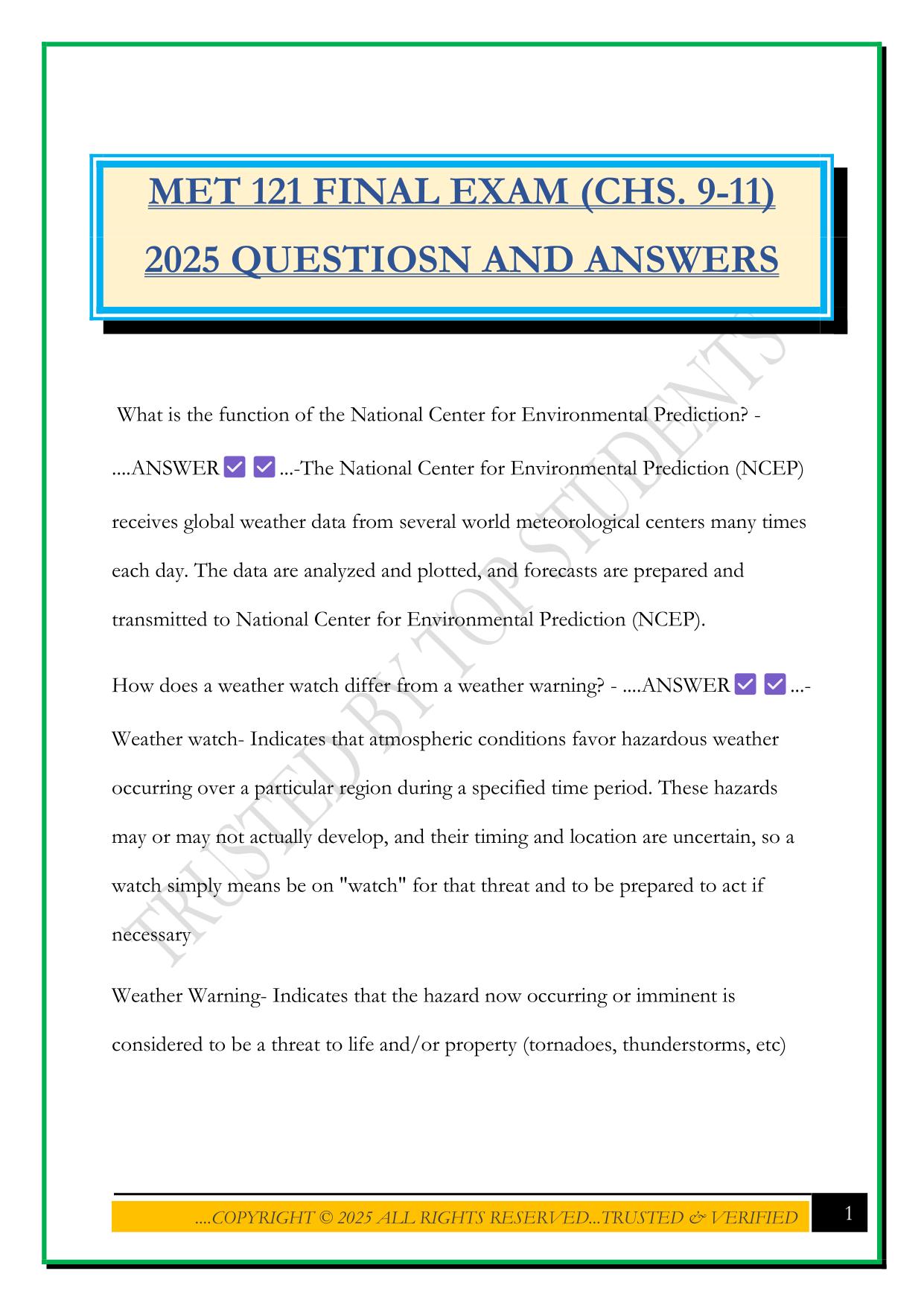 MET 121 FINAL EXAM (CHS. 9-11) 2025 QUESTIOSN AND ANSWERS