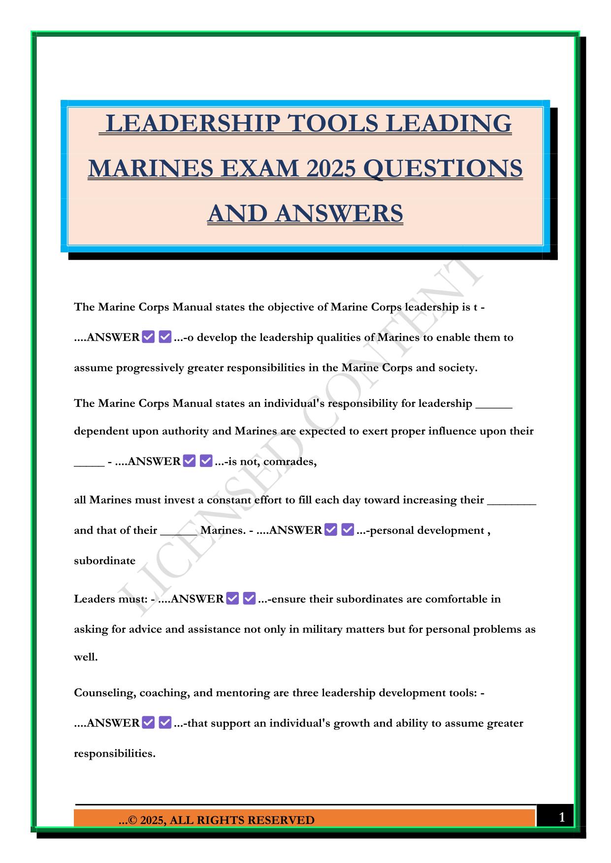 LEADERSHIP TOOLS LEADING MARINES EXAM 2025 QUESTIONS AND ANSWERS