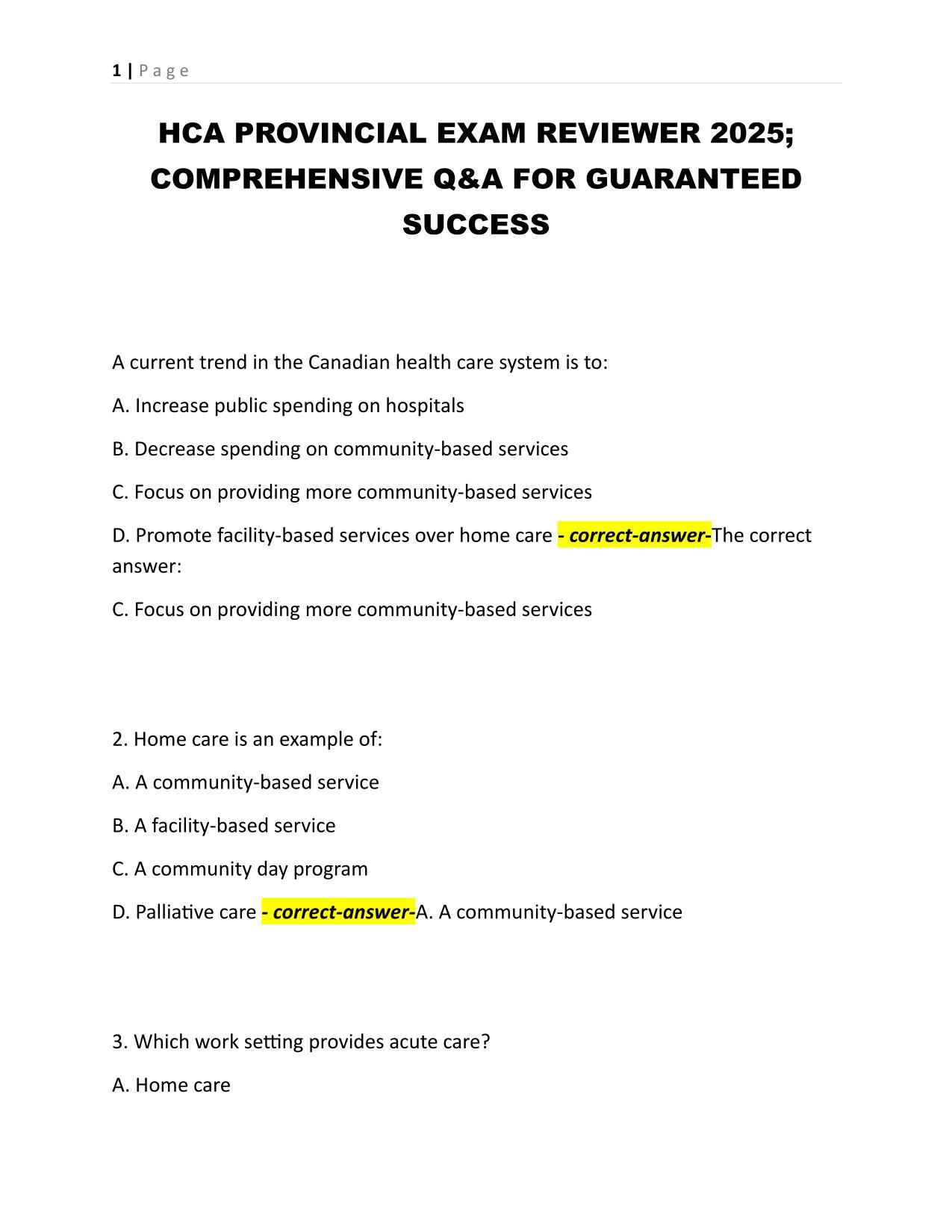 HCA PROVINCIAL EXAM REVIEWER 2025; COMPREHENSIVE Q&A FOR GUARANTEED SUCCESS