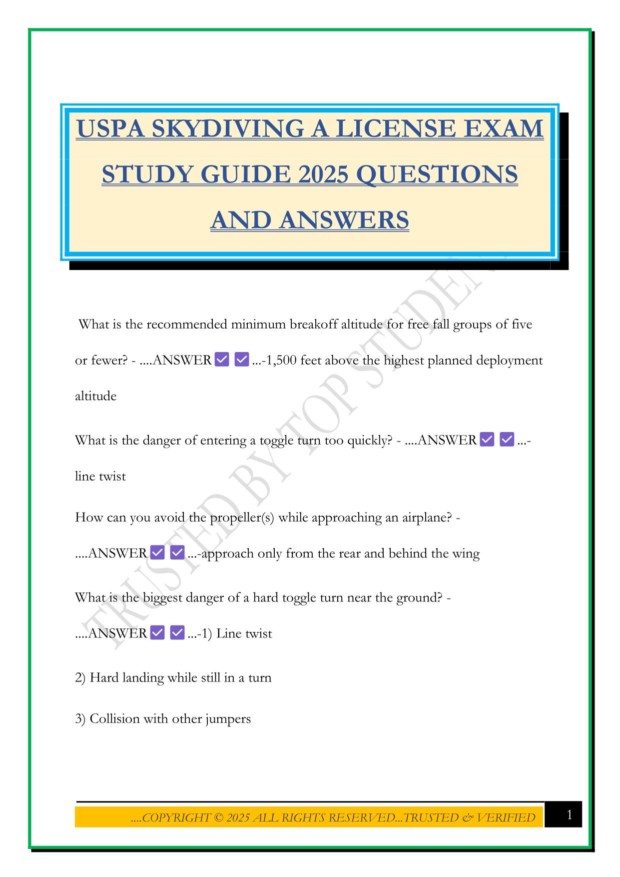 USPA SKYDIVING A LICENSE EXAM STUDY GUIDE 2025 QUESTIONS AND ANSWERS