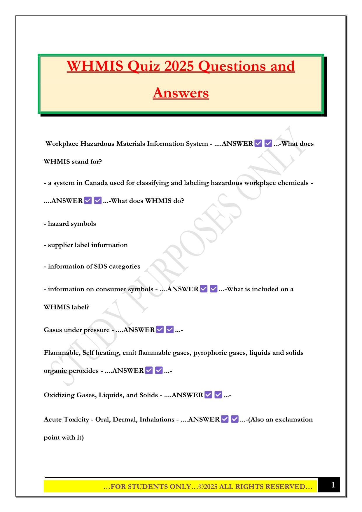 WHMIS Quiz 2025 Questions and Answers