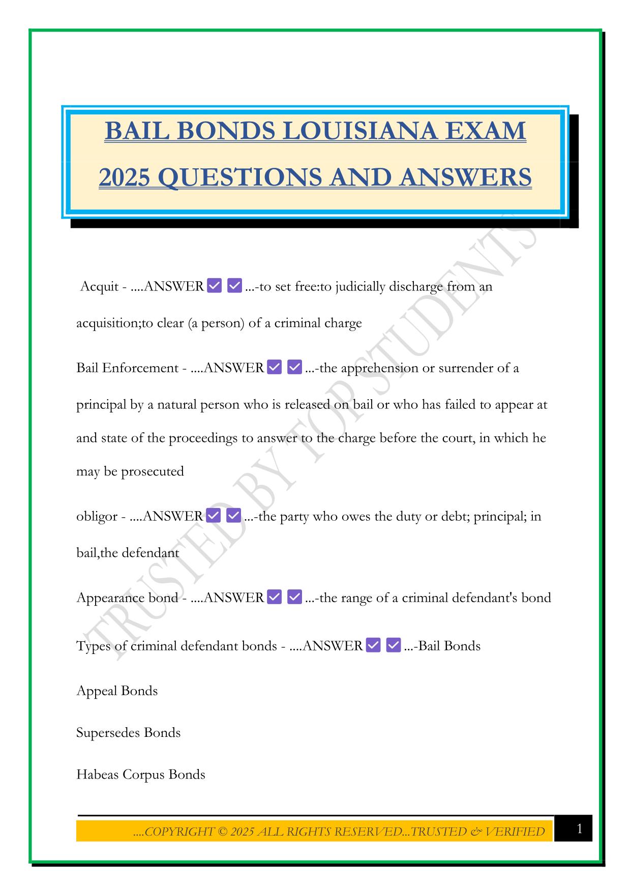 BAIL BONDS LOUISIANA EXAM 2025 QUESTIONS AND ANSWERS