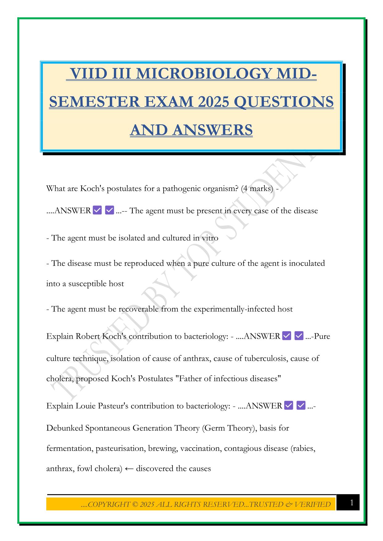 VIID III MICROBIOLOGY MID- SEMESTER EXAM 2025 QUESTIONS AND ANSWERS