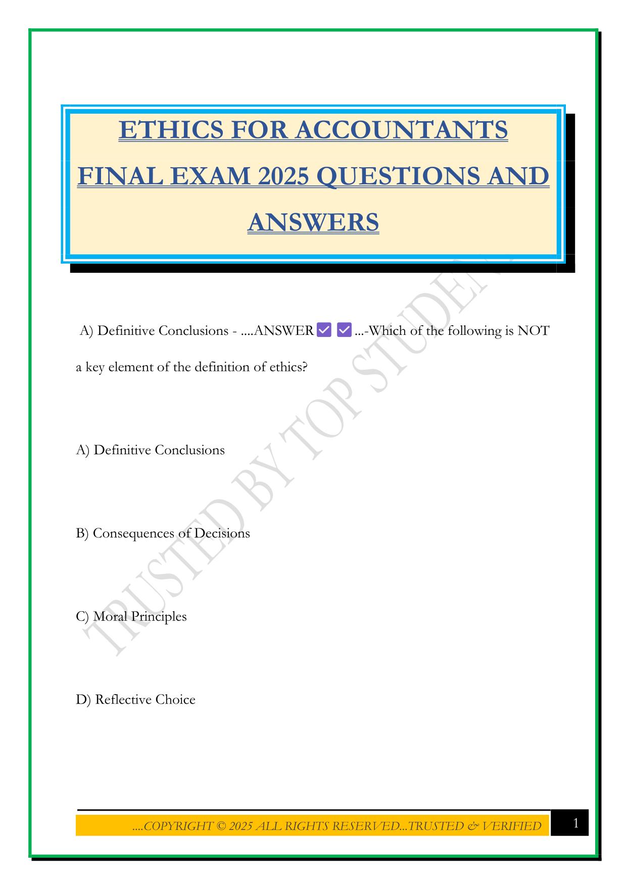 ETHICS FOR ACCOUNTANTS FINAL EXAM 2025 QUESTIONS AND ANSWERS