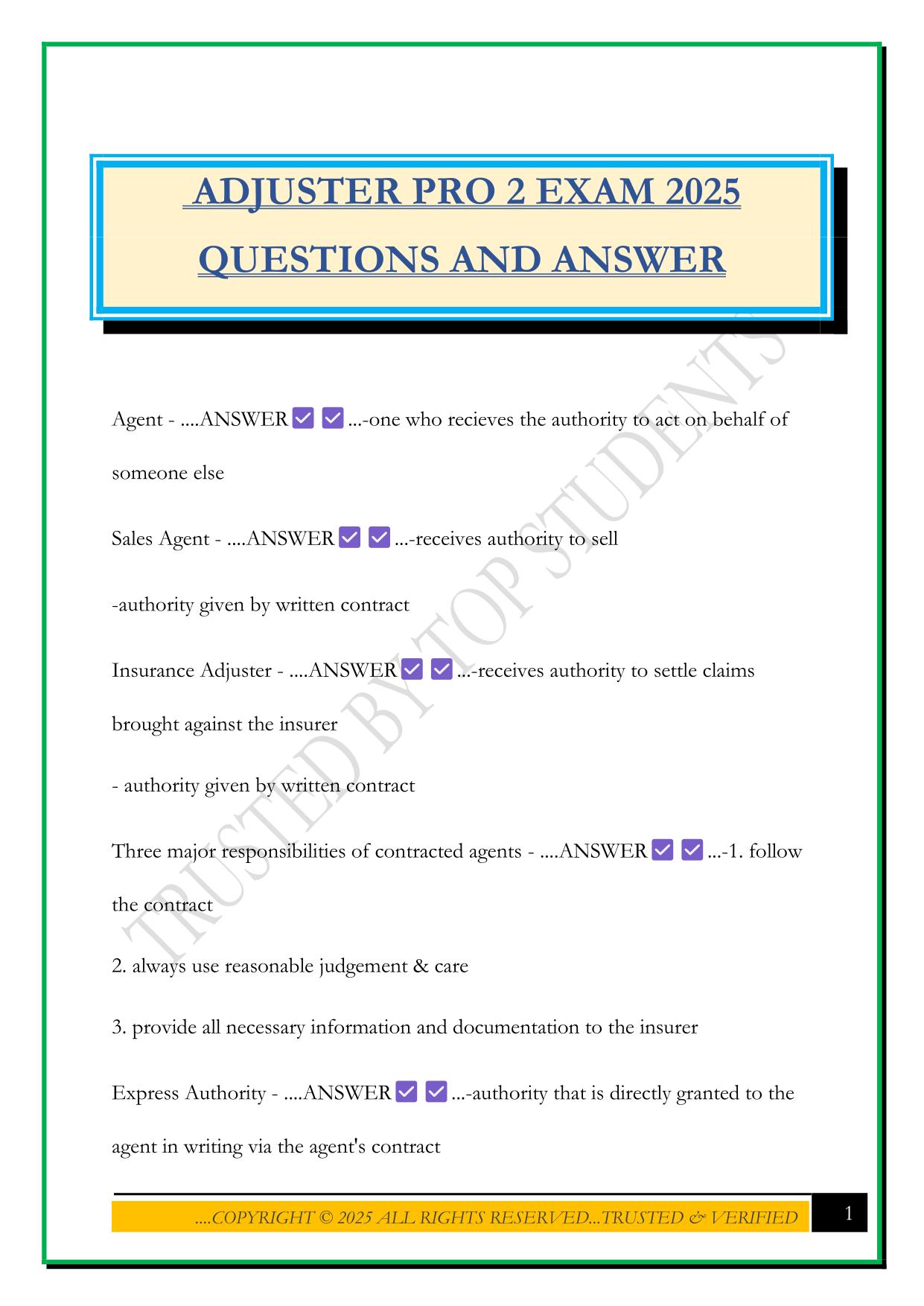 ADJUSTER PRO 2 EXAM 2025 QUESTIONS AND ANSWER