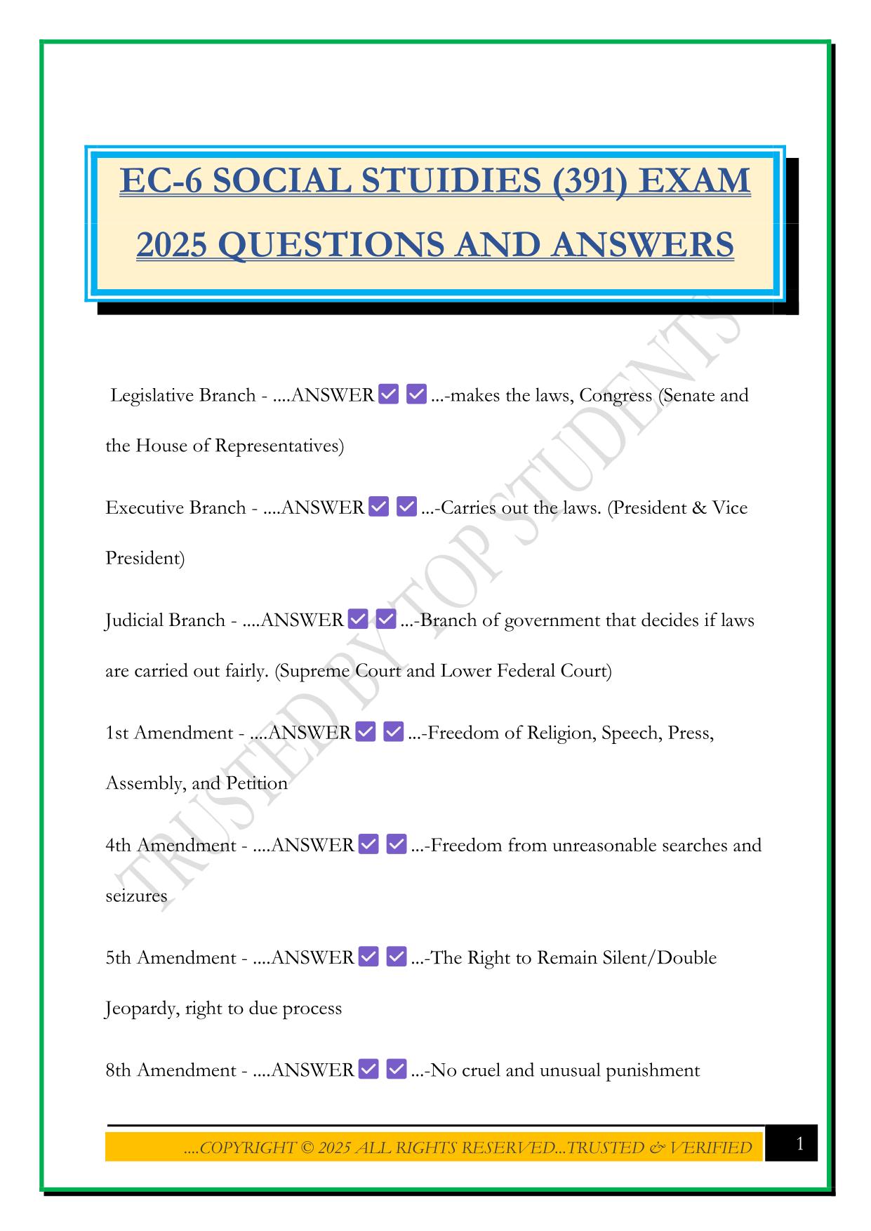 EC-6 SOCIAL STUIDIES (391) EXAM 2025 QUESTIONS AND ANSWERS