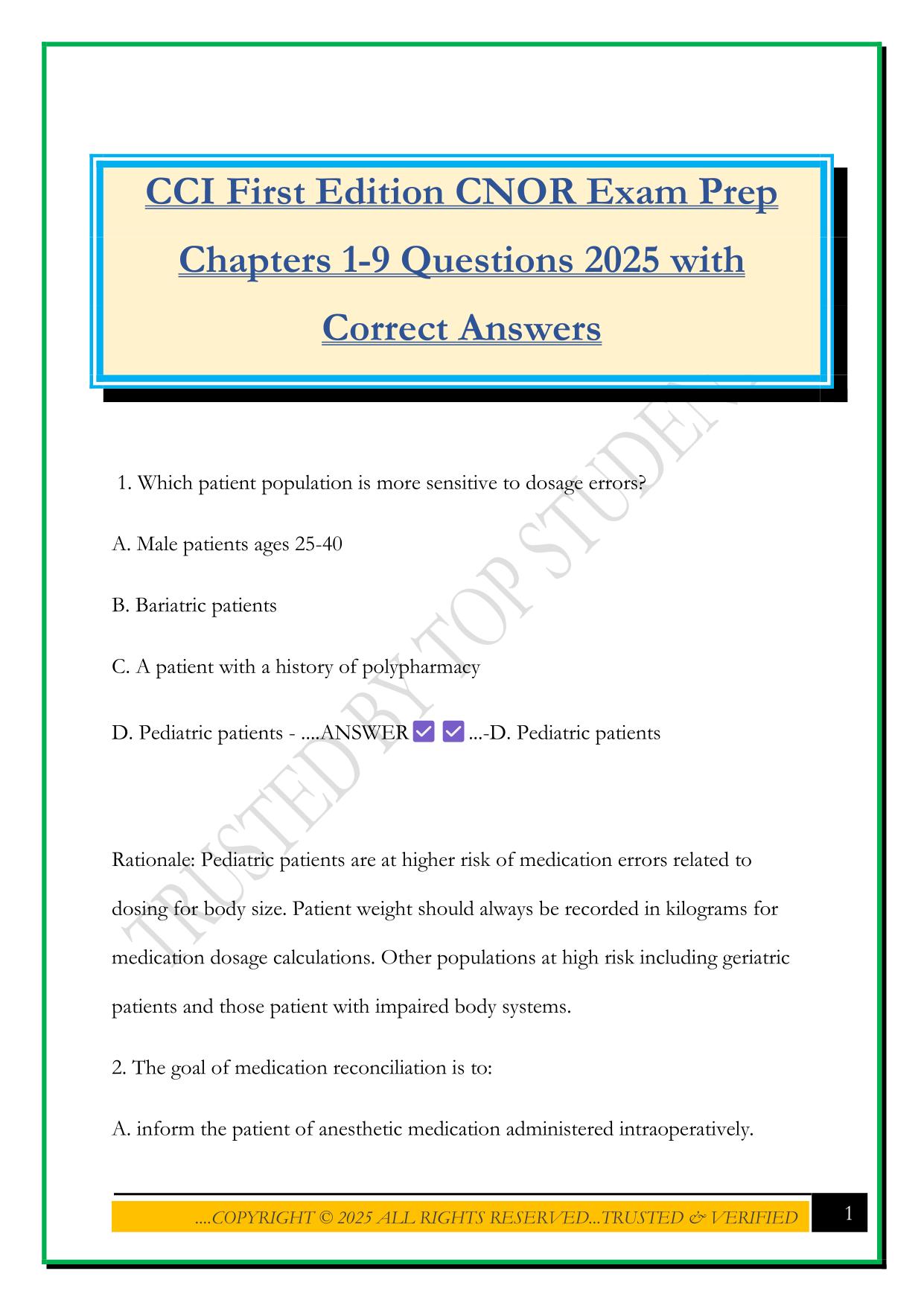 CCI First Edition CNOR Exam Prep Chapters 1-9 Questions 2025 with Correct Answers